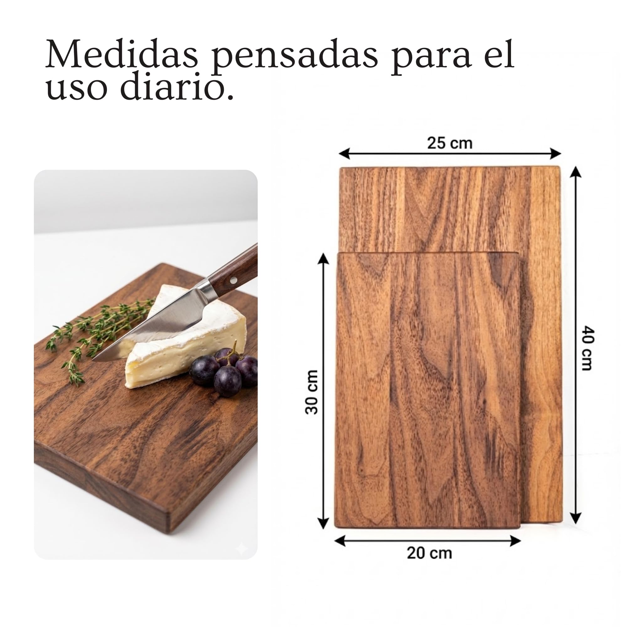 PAVLOVA’S Set de Tablas de Corte y Servicio en Nogal – 2 Piezas (40×25/30×20 cm) – Artesanía Suiza – Acabado en Aceite Alimentario – Caja de Regalo – Garantía 10 Años – Edición Limitada
