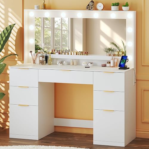 HUAHUU Vanity Desk with Mirror and Lights, 45.3in Makeup Vanity with 7 Drawers & Large Mirror, White Vanity with 3-Color Adjustable Lighting & Power Outlet, Vanity Desk for Bedroom