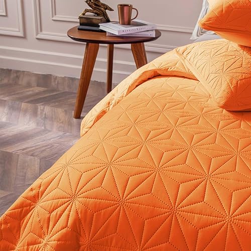 Miniatura 6 de Juego de ropa de cama Whale Flotilla King, colchas suaves de color naranja para cama tamaño King, 3 piezas de colcha geométrica ligera con patrón de