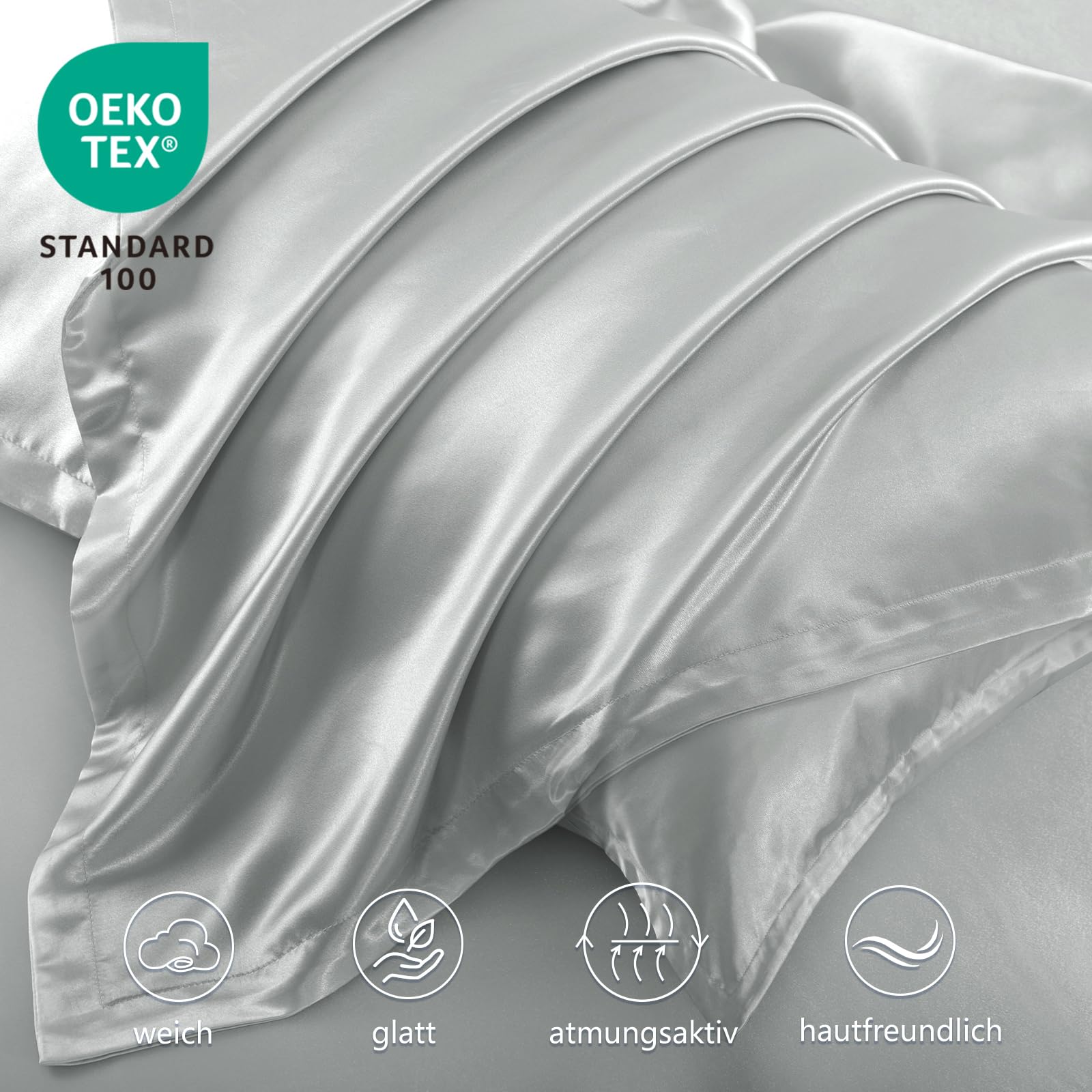 RUIKASI Satin Bettwäsche 200x220 Grau - Luxus Bettbezug mit Glanz wie Seiden Bettwäsche Set Hellgrau für Haar und Haut… – Ansicht 5