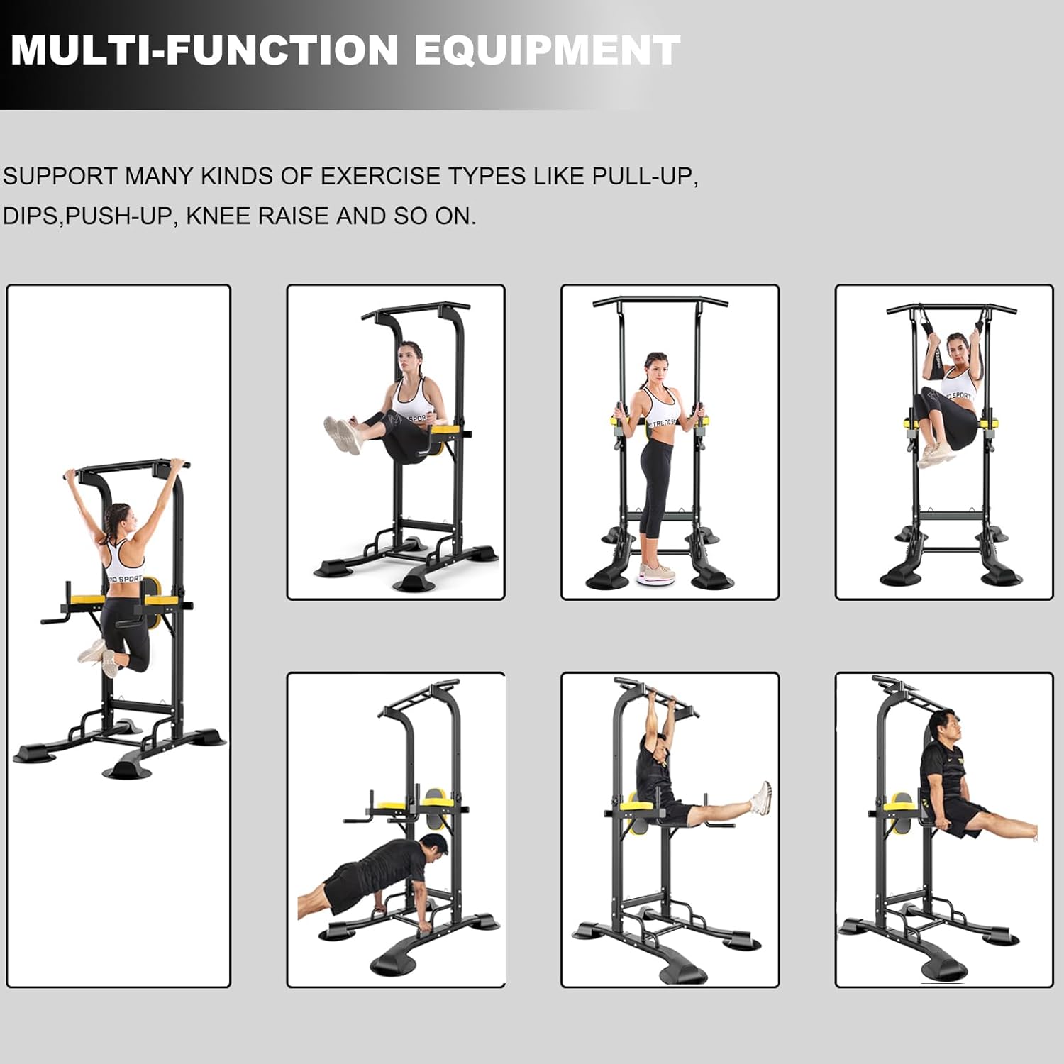 Collage of images showing various exercises performed on the multi-function equipment, including pull-ups, dips, push-ups, and knee raises, demonstrating its versatility.