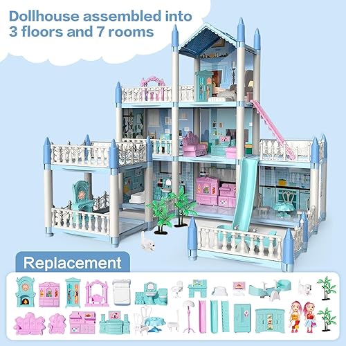 Miniatura 5 de NoTagCat Casa de muñecas para niños, casa de muñecas para niñas, casa de ensueño de princesa con 2 muñecas y accesorios de muebles, regalos de casa