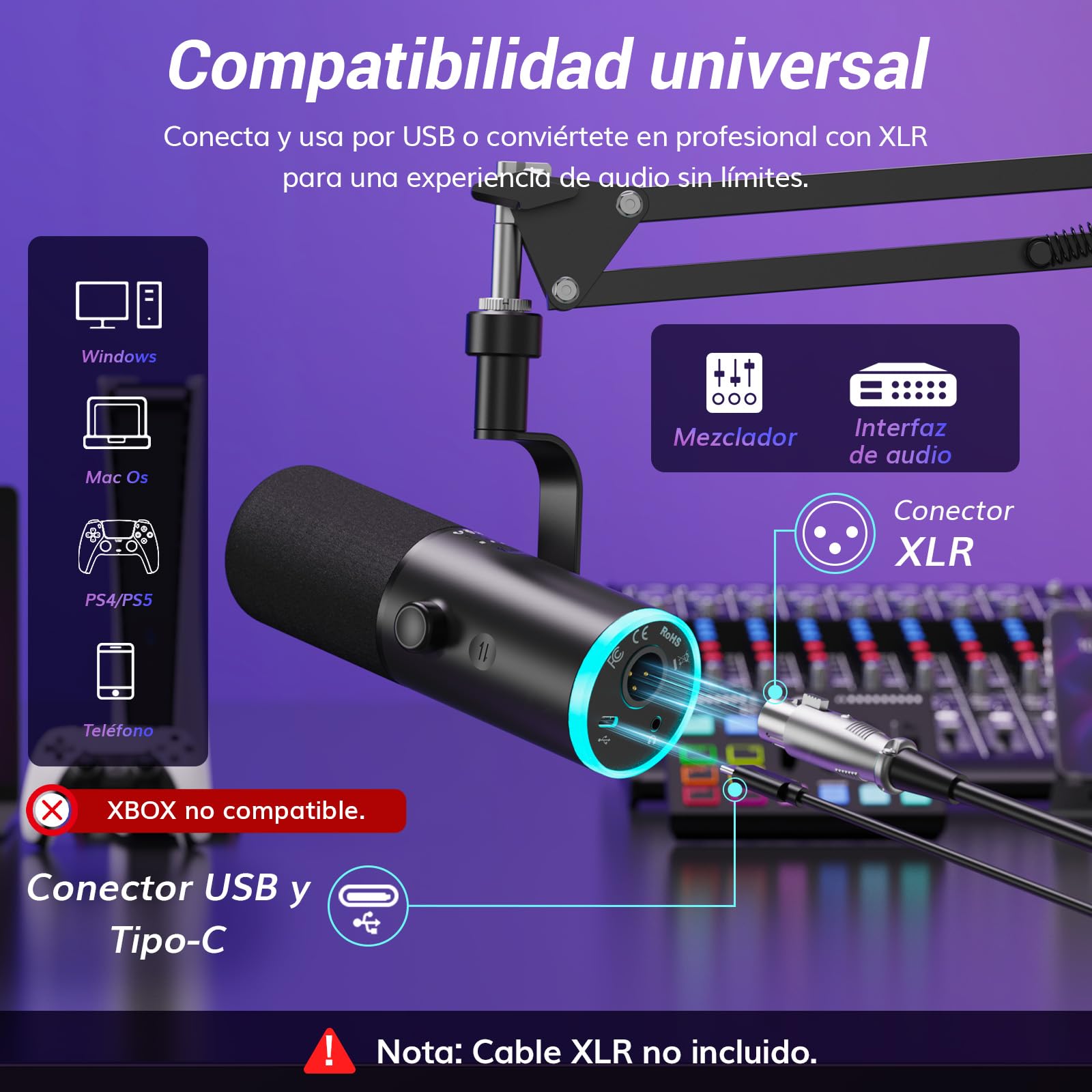 TONOR Microfono de Gaming Dinámico para PC, Micrófono Cardioide Streaming XLR/USB con Brazo para Podcast/Estudio, Cancelación de Ruido IA,RGB Controlable,Conector Auriculares 3,5 mm,Negro,TD510 AIR H+