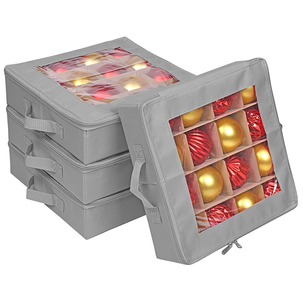 ProPik 4 Pcs Christmas Ornament Storage Boxes with Dividers, Transparent Top Zipper Closure, 4 Individual Ornament Holder Trays, Keeps 64 Holiday Ornaments, Ornament Organizer Storage Box (Gray)