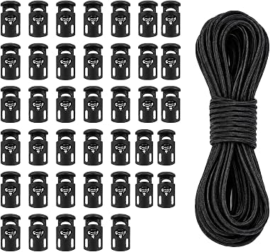 40 Pcs Toggles for Drawstrings with 10m Black Elastic Cord, 3mm Bungee Rope and Plastic Locks for Shoelaces, Clothing, Backpack, Camping Gear, Crafters and DIY Repair Projects (Black)