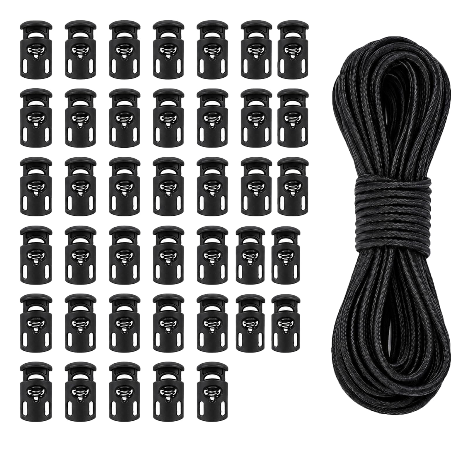 40 Pcs Toggles for Drawstrings with 10m Black Elastic Cord, 3mm Bungee Rope and Plastic Locks for Shoelaces, Clothing, Backpack, Camping Gear, Crafters and DIY Repair Projects (Black) — image 1