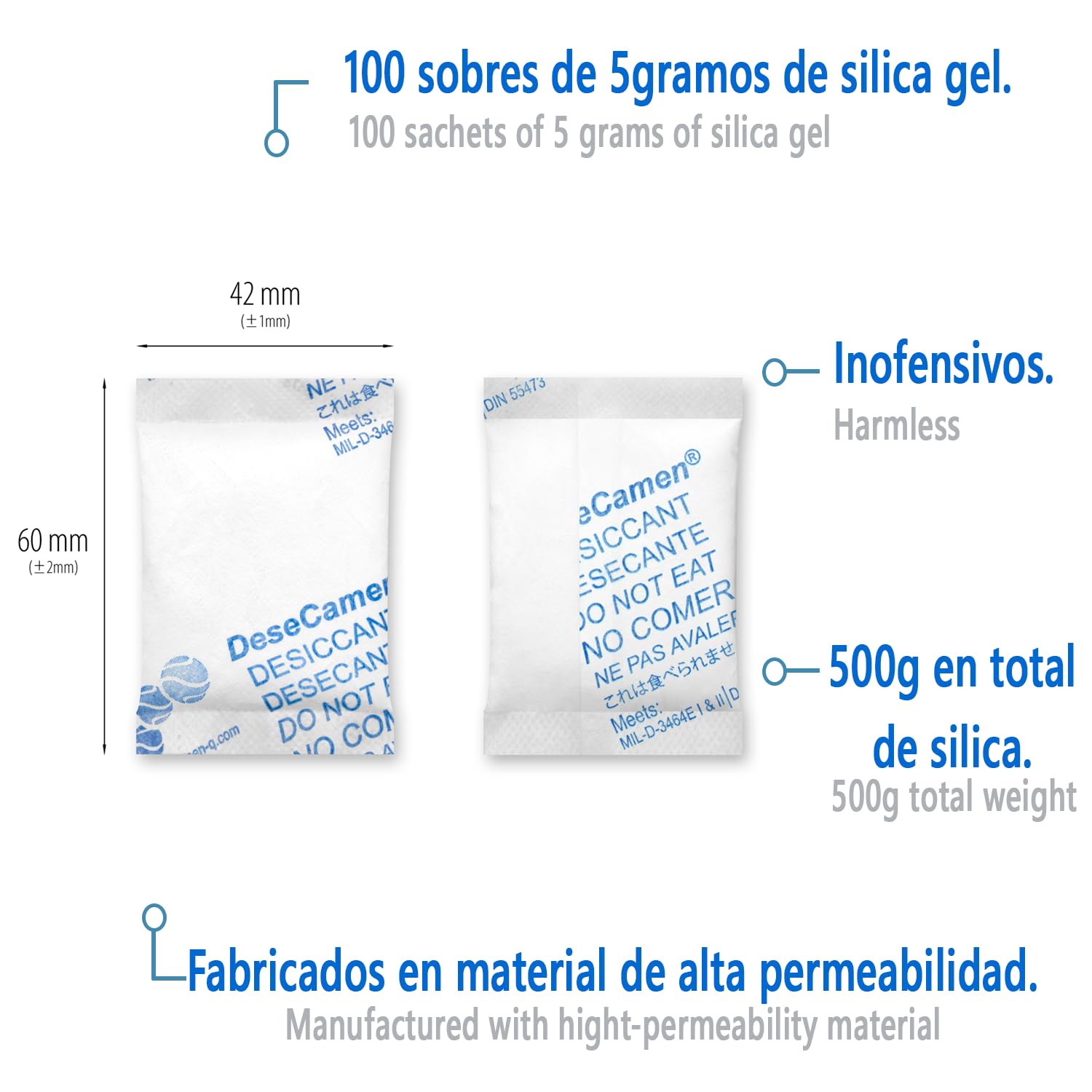 Desecamen - Bustine silice (100 pezzi - 5g) 500 grammi - Silice gel - Deumidificatore - Pacchetti Disseccanti - Assorbiumidità - inodore - non tossico