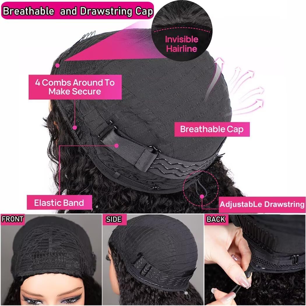 Parrucca Donna Capelli Veri Umani Kinky Curly Half Wig Human Hair Wear Go Glueless Wigs Curly 3 In 1 Half Wigs Drawstring Seamless Flip Headband Wig Beginner Friendly Parrucca Riccia Donna 14 Inch