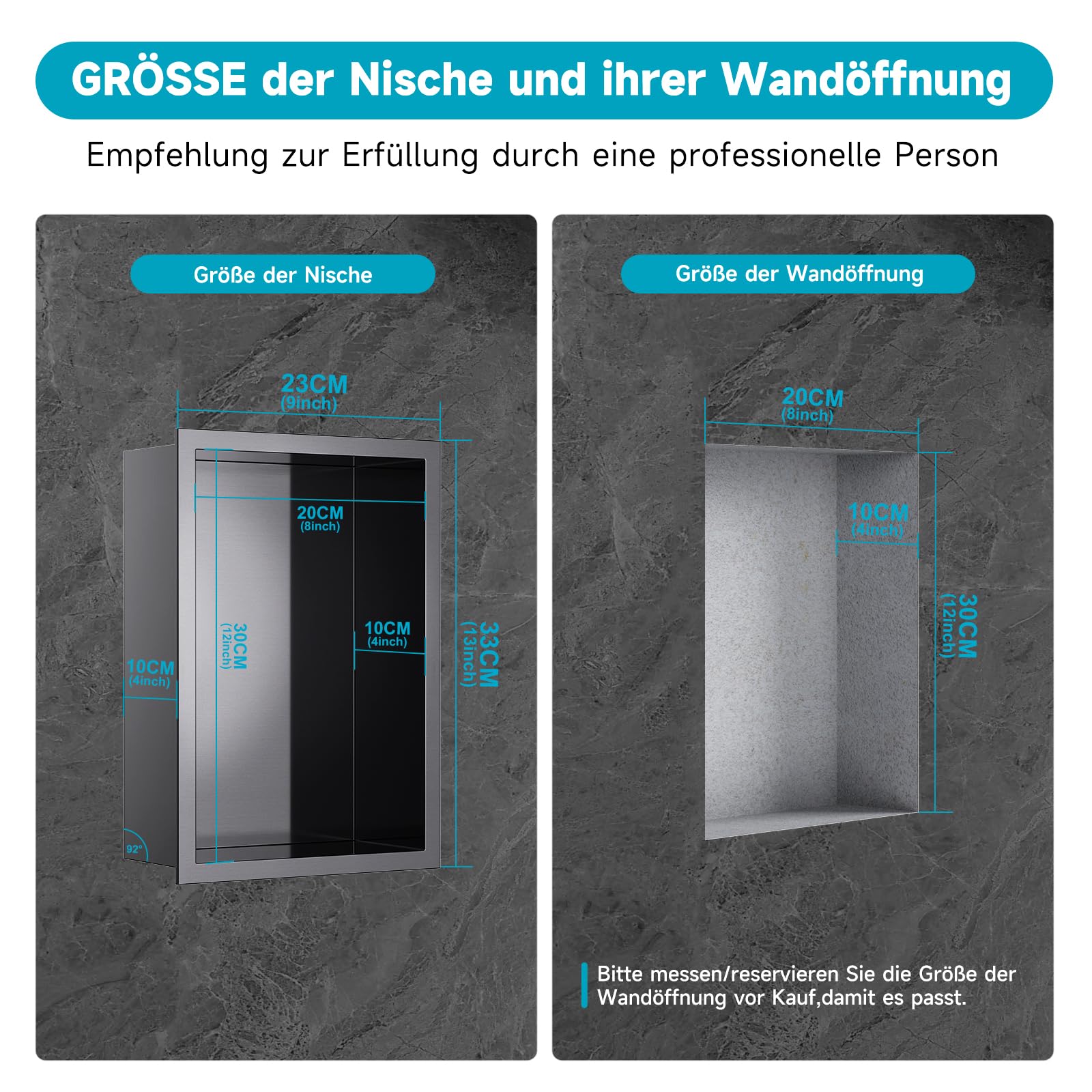 Wandnische Dusche Edelstahl 20x30x10 cm Nano Graphite | Keine Fliesen Erforderlich · Duschnische · Wasserdicht · Rostfrei · Nahtlos geschweißter Edelstahl · Leichte Reinigung