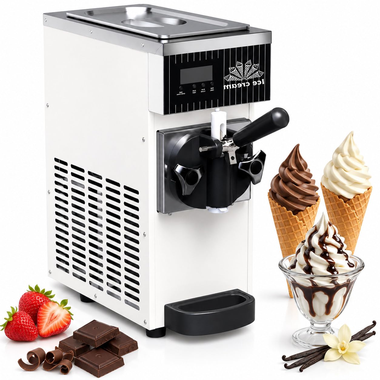 Sushangmao Soft Serve Maker Machine, Commercial Ice Cream Maker, 450W Countertop Ice Cream Machine with 2.5L Hopper, LCD Control, Auto Clean for Restaurants & Dessert Shops white