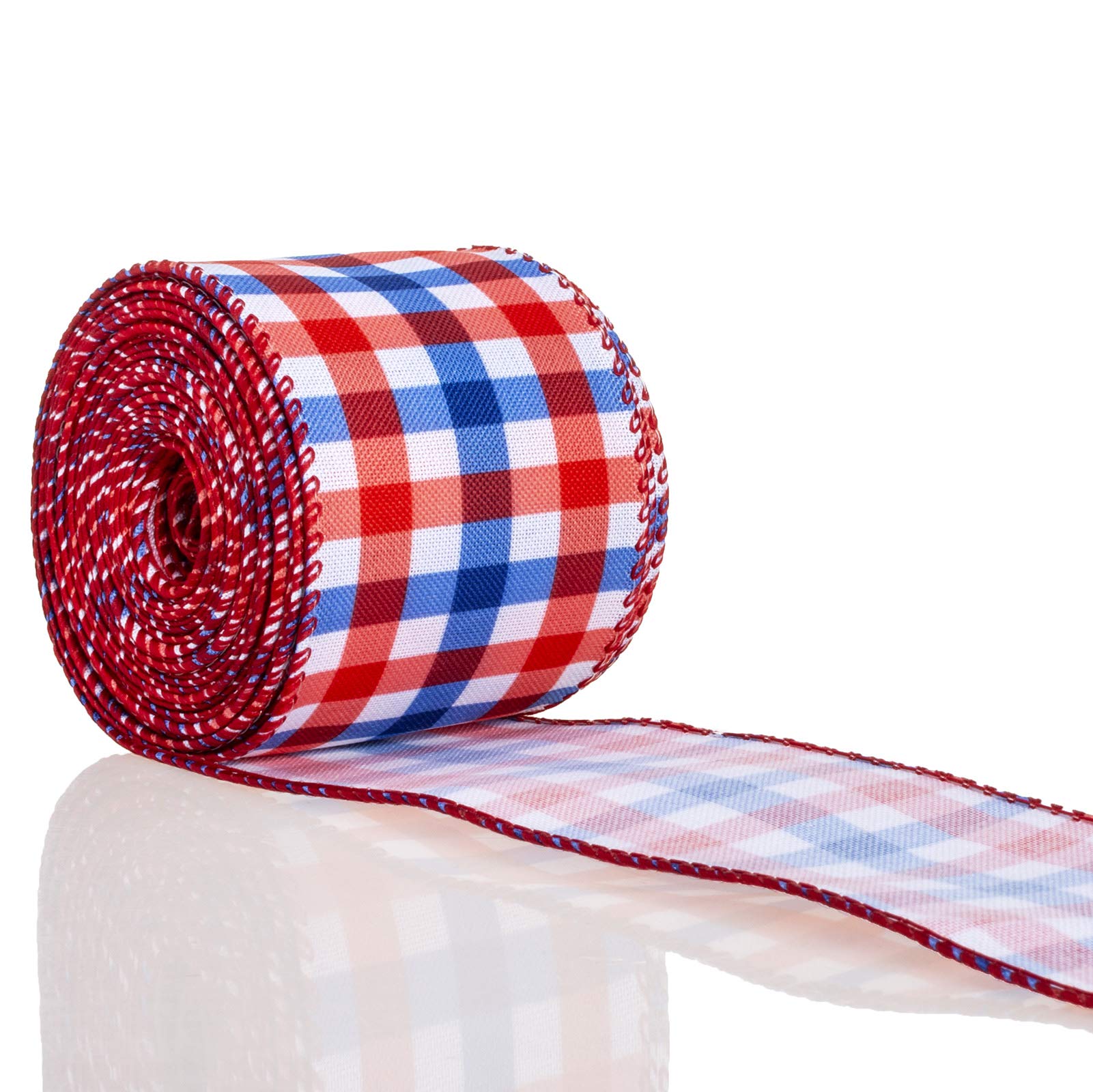 ATRBB Red White Blue Buffalo Plaid Ribbon Wired Edge Gingham Ribbon for Patriotic Holiday Decoration and Bows Craft,10 Yards by 2.5 Inches