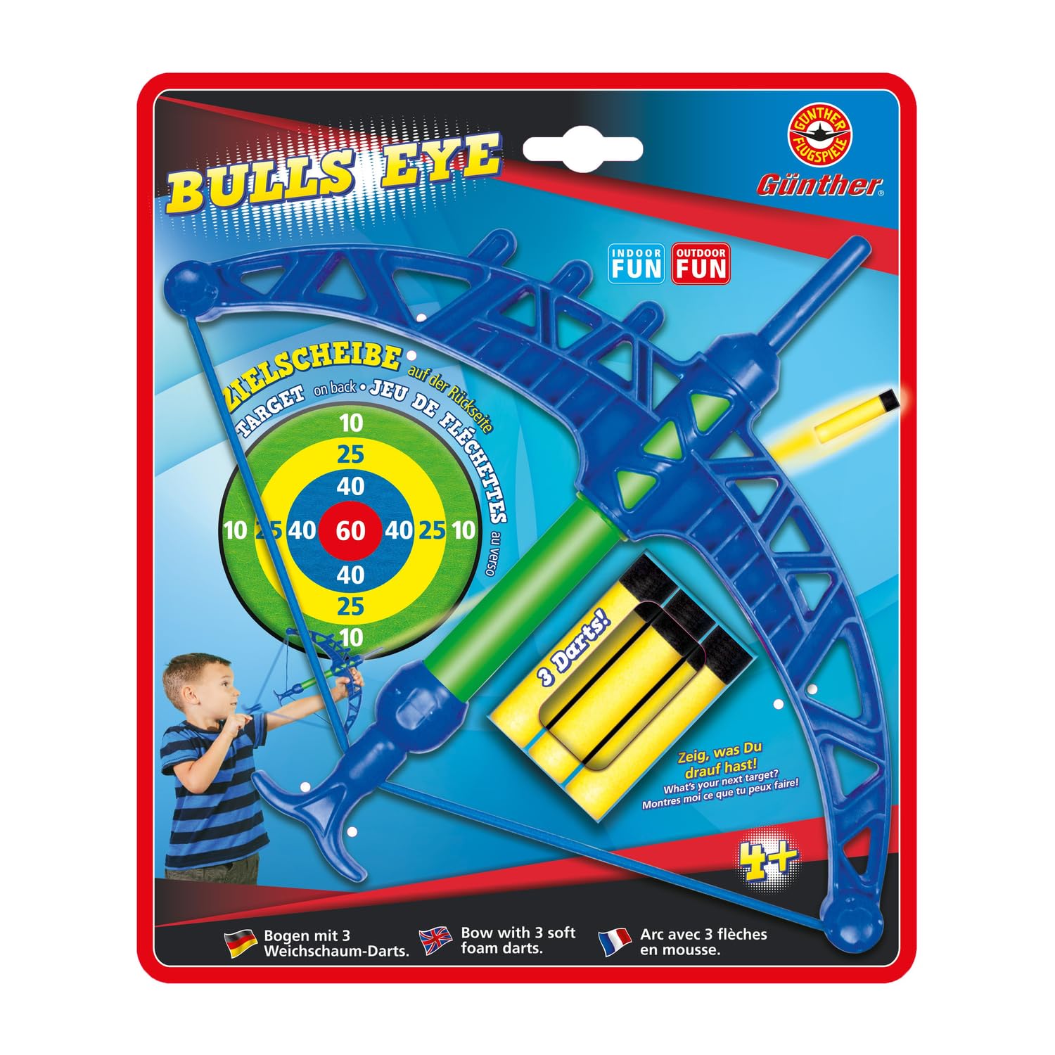 Paul Günther 1552 Bulls Eye Bow and Bow Set with 3 Soft Foam Darts for Children from 4 Years Including Target for Cutting Out Approx. 26 x 29 cm