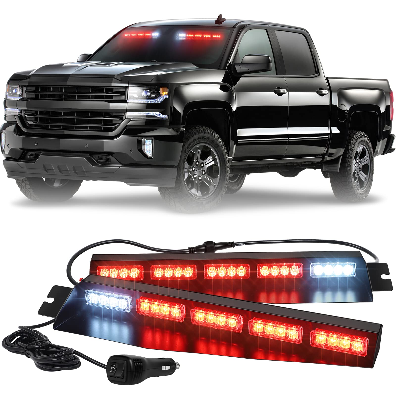 XRIDONSEN 34 inch Red Visor Emergency Light Bar Interior Windshield Strobe Lights 40 LED Warning Safety Flashing Hazard Light w/White Take Down for firefighter Police Vehicles POV Fire Trucks