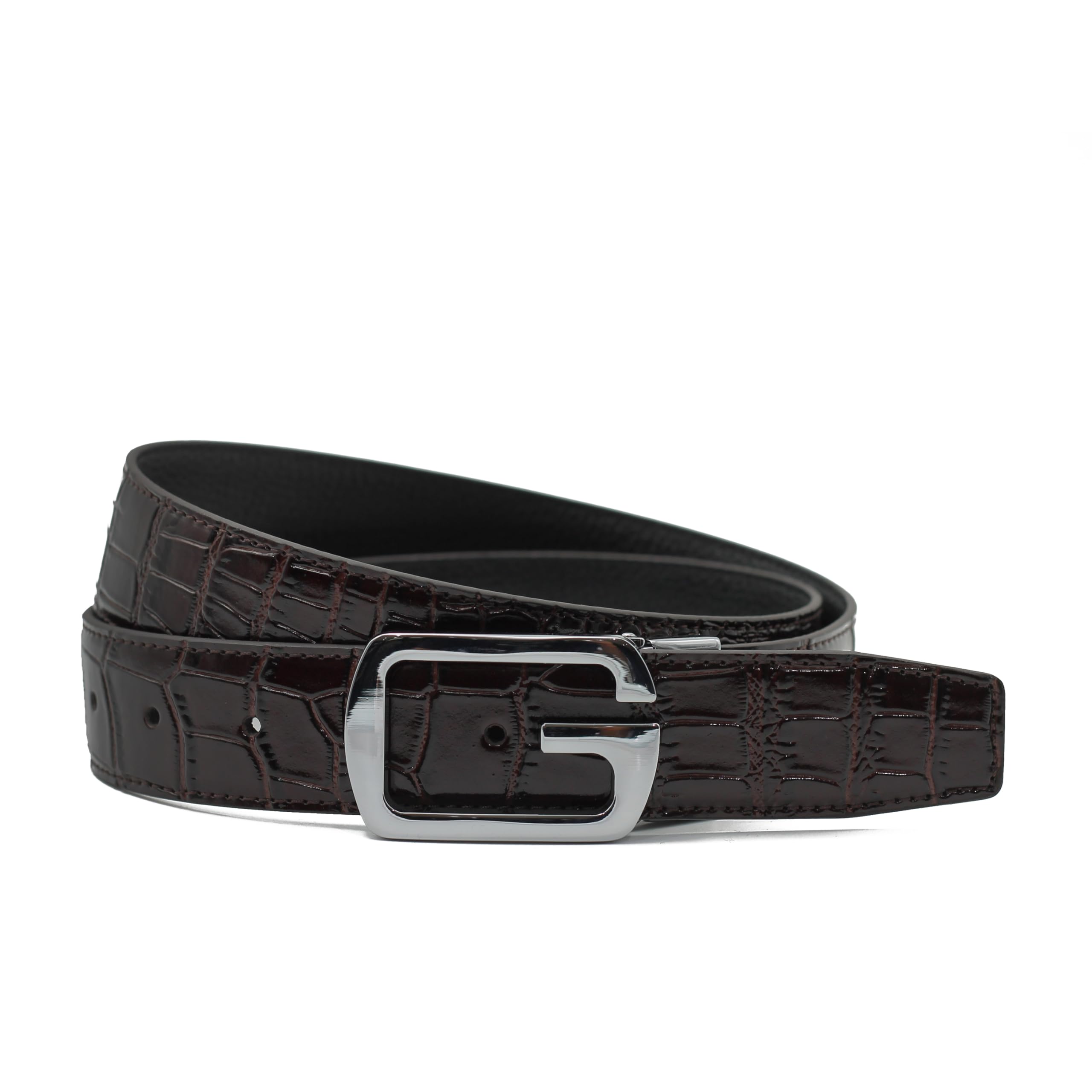 Xposed Men's Brown Crocodile Print Real Leather Belt Silver Buckle Dress Formal Belts [Blt-Pin-N10-115Cm]