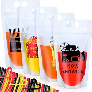 Tinlade 20 Pcs Movie Night Decorations Drink Pouch Cups Clear Zipper Bags with 20 Straws, 17 oz Plastic Drink Pouches Reusable Movie Cups for Party Supplies Birthday Gift