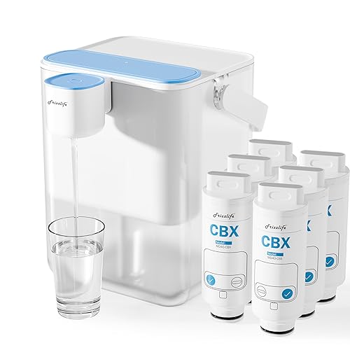 Frizzlife MD40 - Dispensador de filtro de agua recargable con 2 filtros preinstalados, certificado que reduce el 99.89% del cloro, jarra de agua de