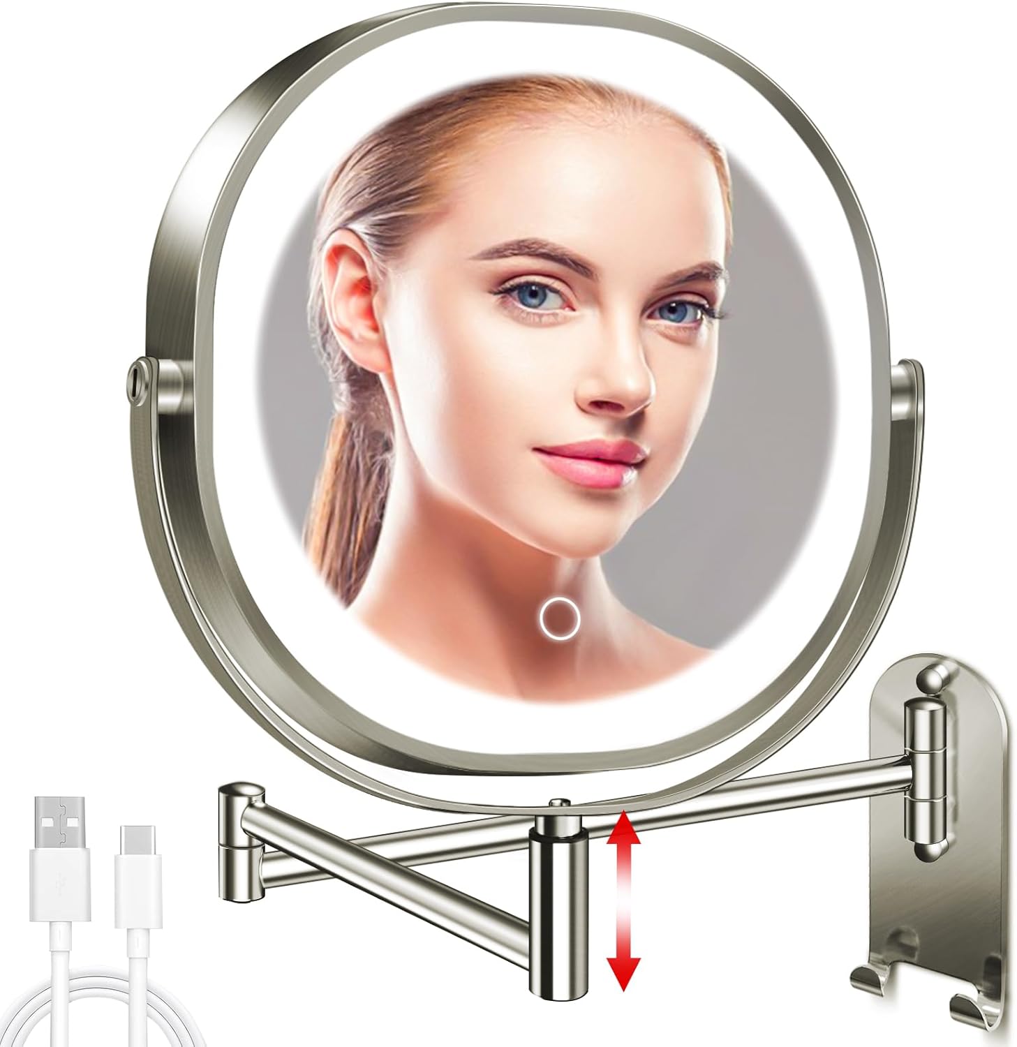 9" Wall Mounted Lighted Makeup Mirror, 3000mAh Rechargeable Double Sided 1X/10X Magnifying Mirror with Hook, 3 Color Lights Dimmable 360 Rotation Vanity Mirror for Bathroom