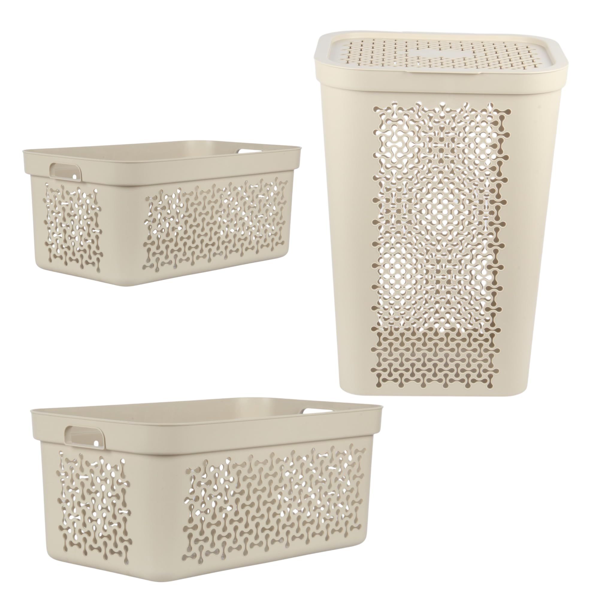 3 Piece Laundry Basket Set โ 20L + 30L + 60L Laundry Hamper with Lid โ Plastic Washing Baskets with Handles & Ventilated Design โ Laundry Sorting System for Home, Bathroom, Bedroom (Beige)