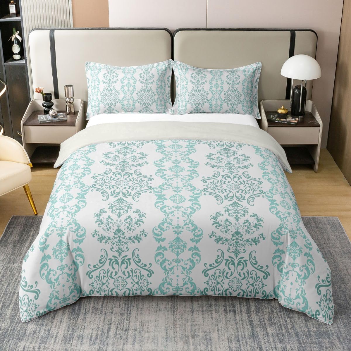 Parure de lit coton damassé 220x240 sarcelle respirante et douce pour un confort durable