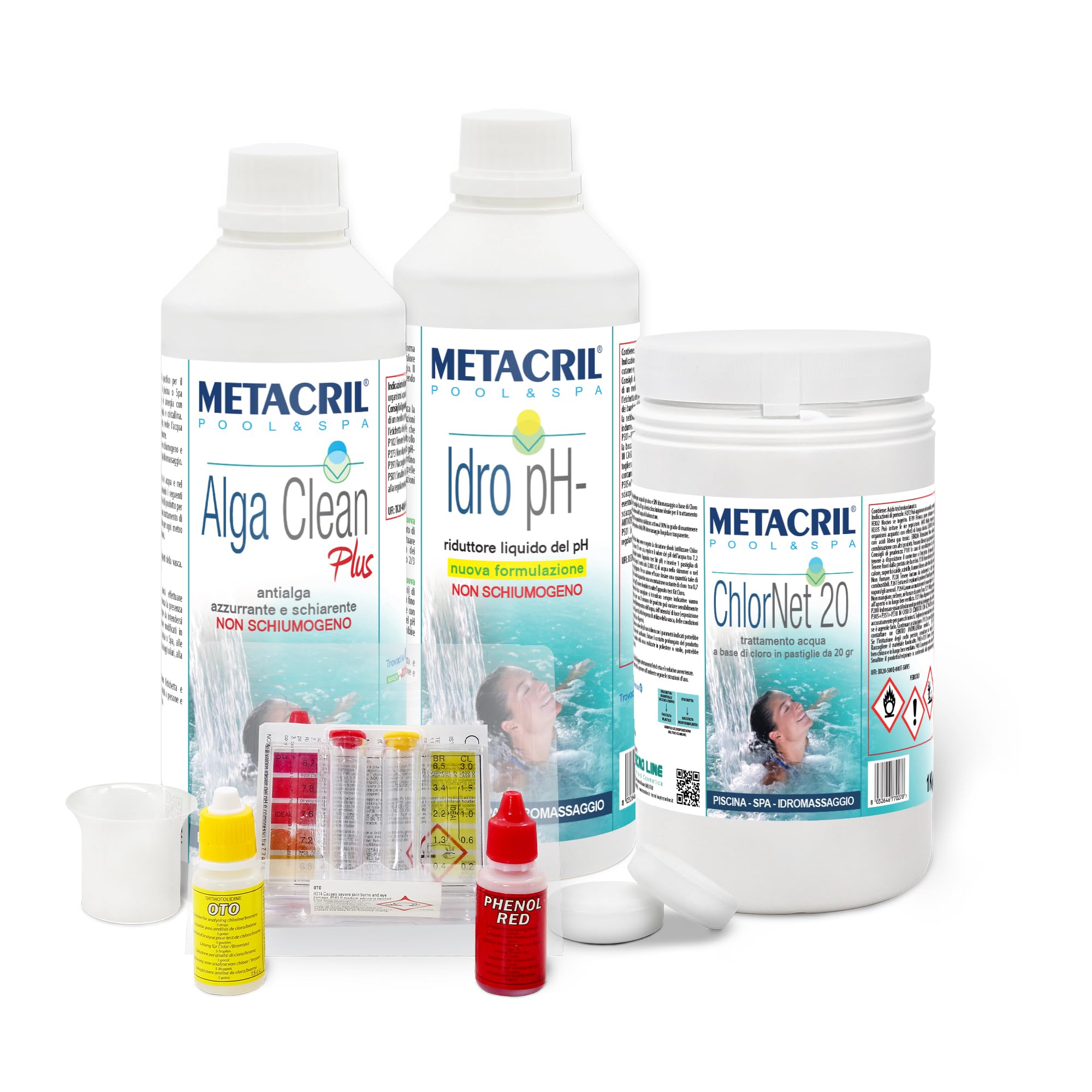 Metacril Starter Kit Chlor, Trattamento Acqua a Base di Cloro - 3 KG | Set Cloro in Pastiglie da 20 gr, Ideale per Piscina e Spa Idromassaggio di Tutte le Marche