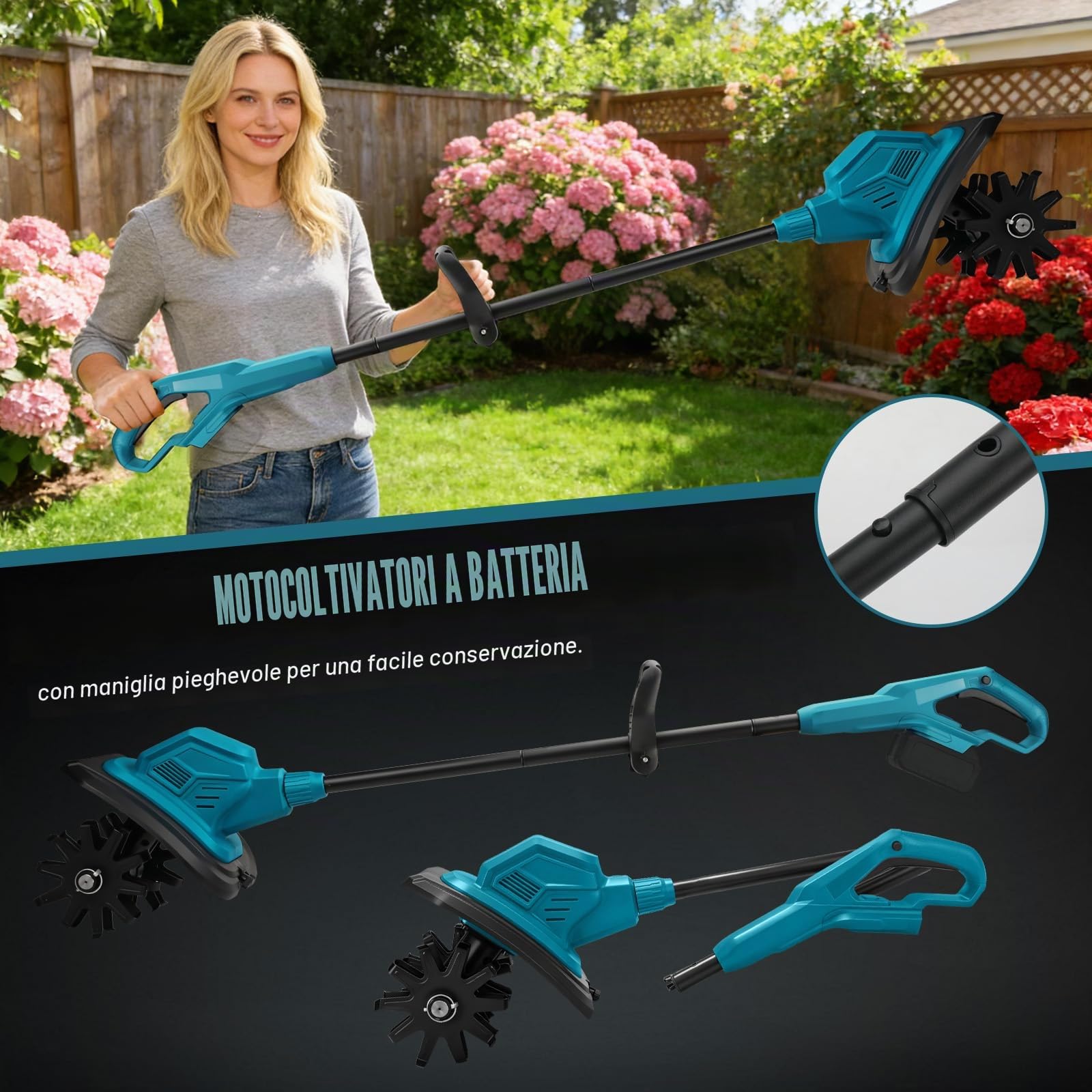 Motozappa senza fili per Makita 18V Batteria, Motozappa a Batteria con Motore Brushless, Altezza Regolabile, larghezza di lavoro 20 cm, profondità di lavoro 18 cm, per Giardini e Cortili