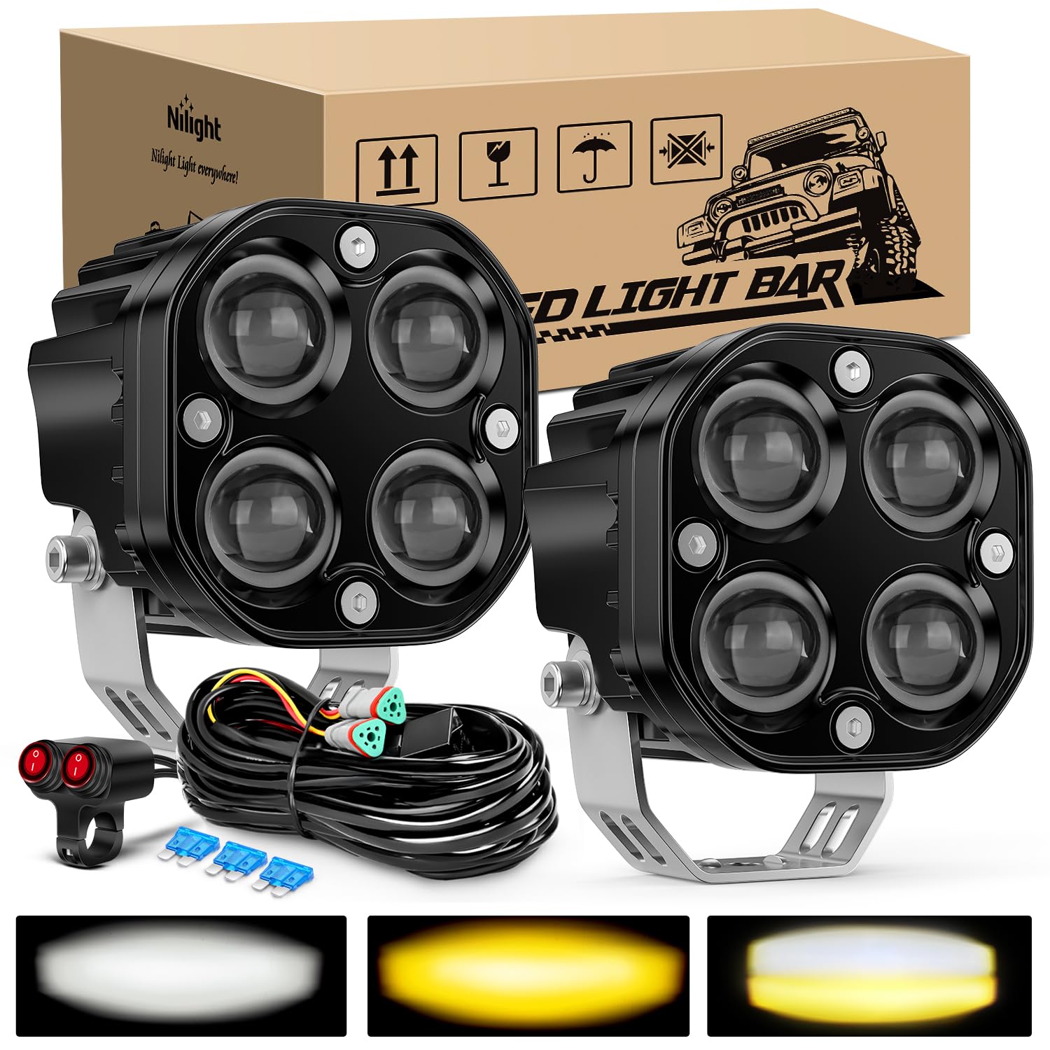 Nilight 7/8" Handlebar LED Light Pods 3 Inch White Amber Dual Color