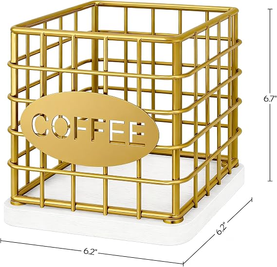 YATINEY Coffee Pod Holder, Compatible with K Cup & Nespresso Vertuo Pods, Large Capacity Coffee Pod Organizer, Versatile Coffee Capsule Storage Basket with Wooden Base, Gold and White KH10DW