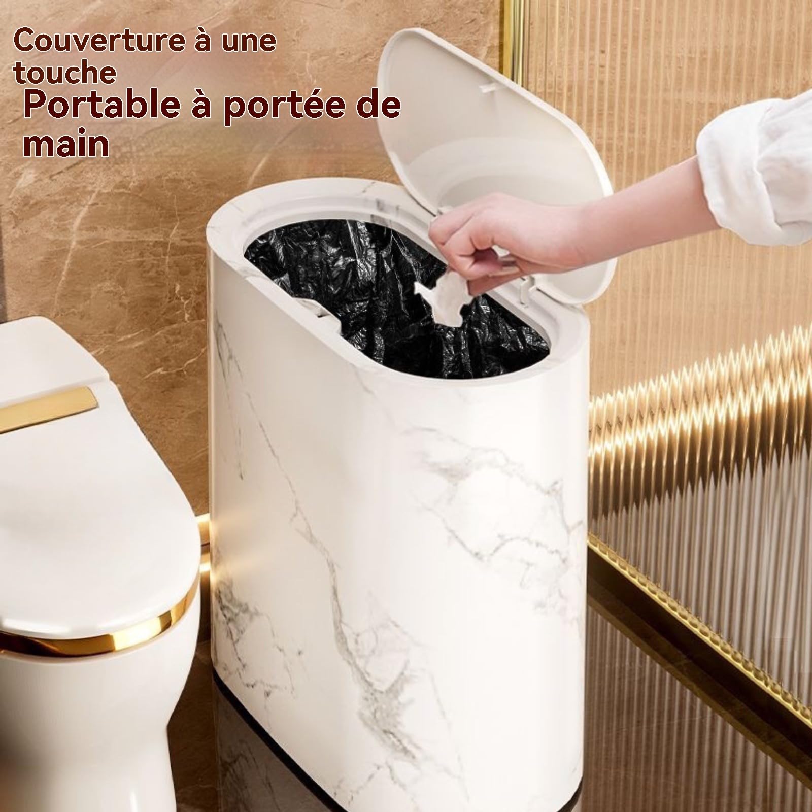 Petite Poubelle Salle De Bain Marbrée Avec Couvercle Pédale - Corbeille Moderne Ultra-Étroite 18cm