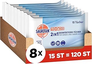 Sagrotan 2in1-Desinfektionstücher – Zum Desinfizieren von Händen und Oberflächen – 8 x 15 Feuchttücher in wiederverschließ...