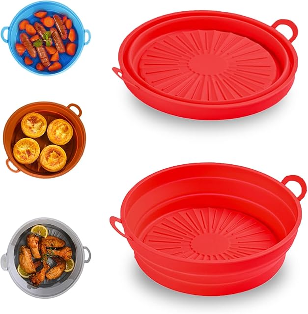 MIRFURT Air Fryer Silicone Pot, Reusable 7,5 Inch Air Air Fryer Silicone Liners Round Food Safe Non Stick Air Fryer Basket Oven Accessories, Replacement of Flammable Parchment Liner Paper (Red)