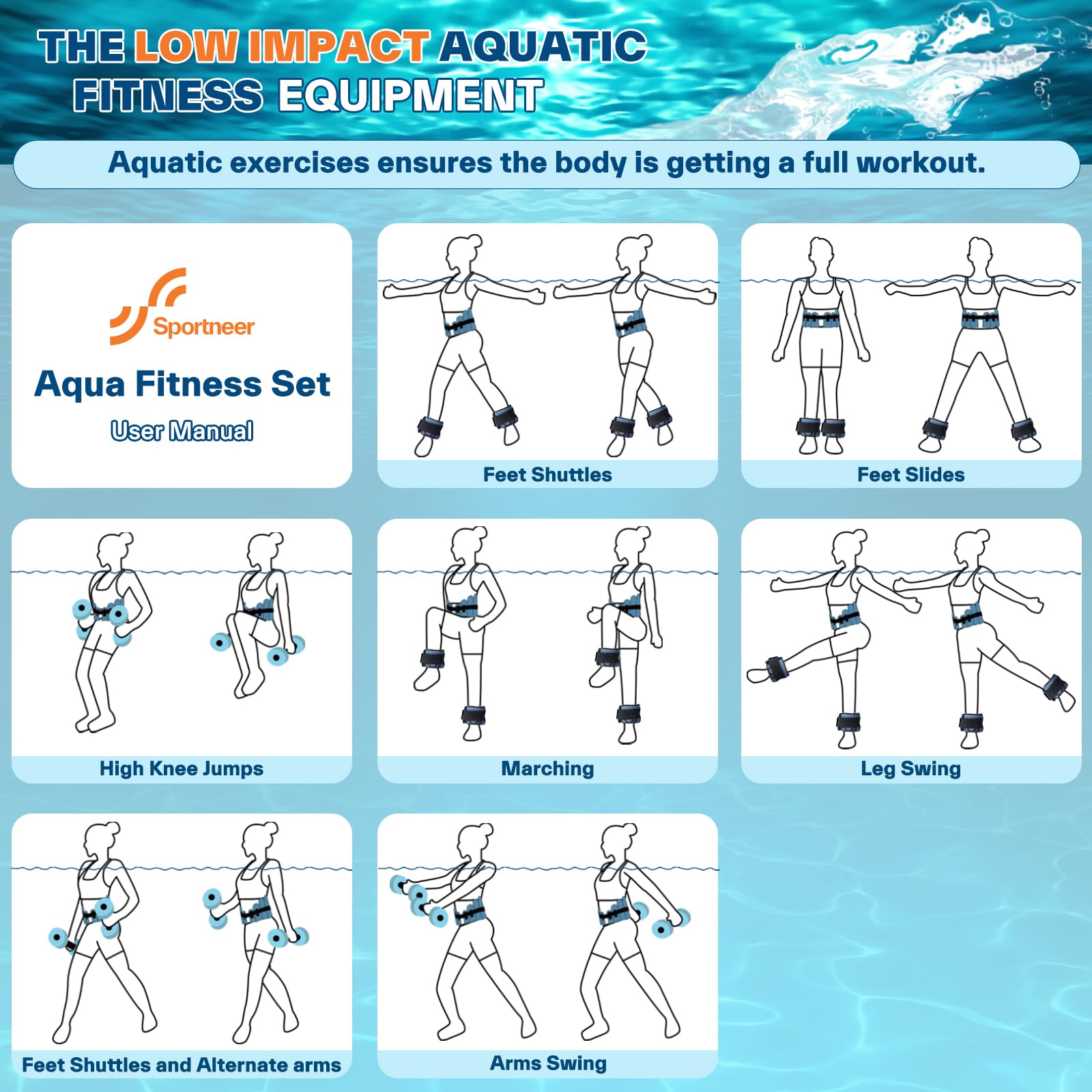 Sportneer Kit d'accessoires d'aquagym 3 en 1 avec haltères aquatiques EVA, ceinture de jogging pour adulte, poids de cheville – Accessoires de fitness et équipements de sports nautiques 2