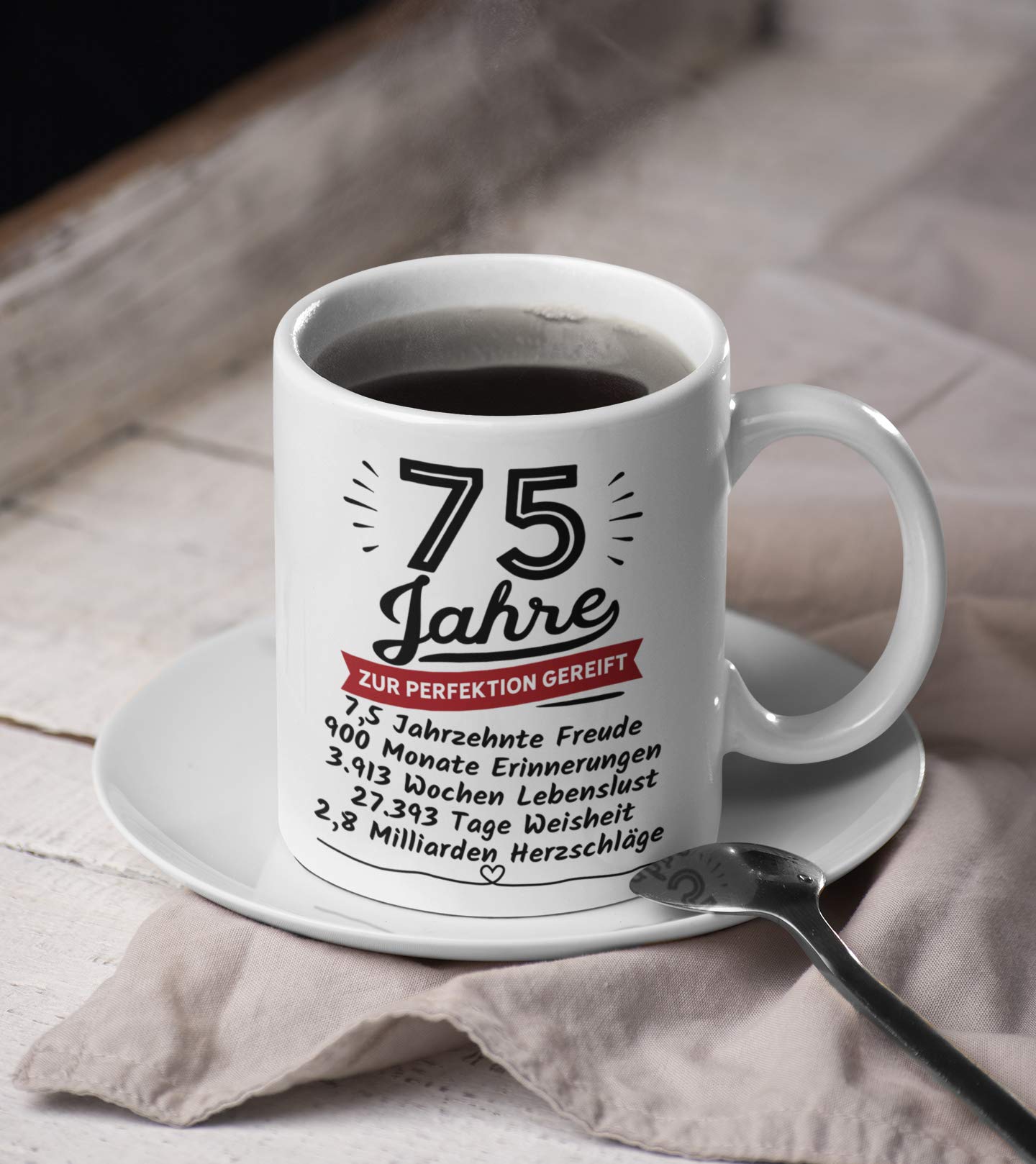 Prezent urodzinowy 75 – urodziny 75 lat dojrzały do perfekcji – prezent urodzinowy dla kobiet i mężczyzn – ceramika 330 ml