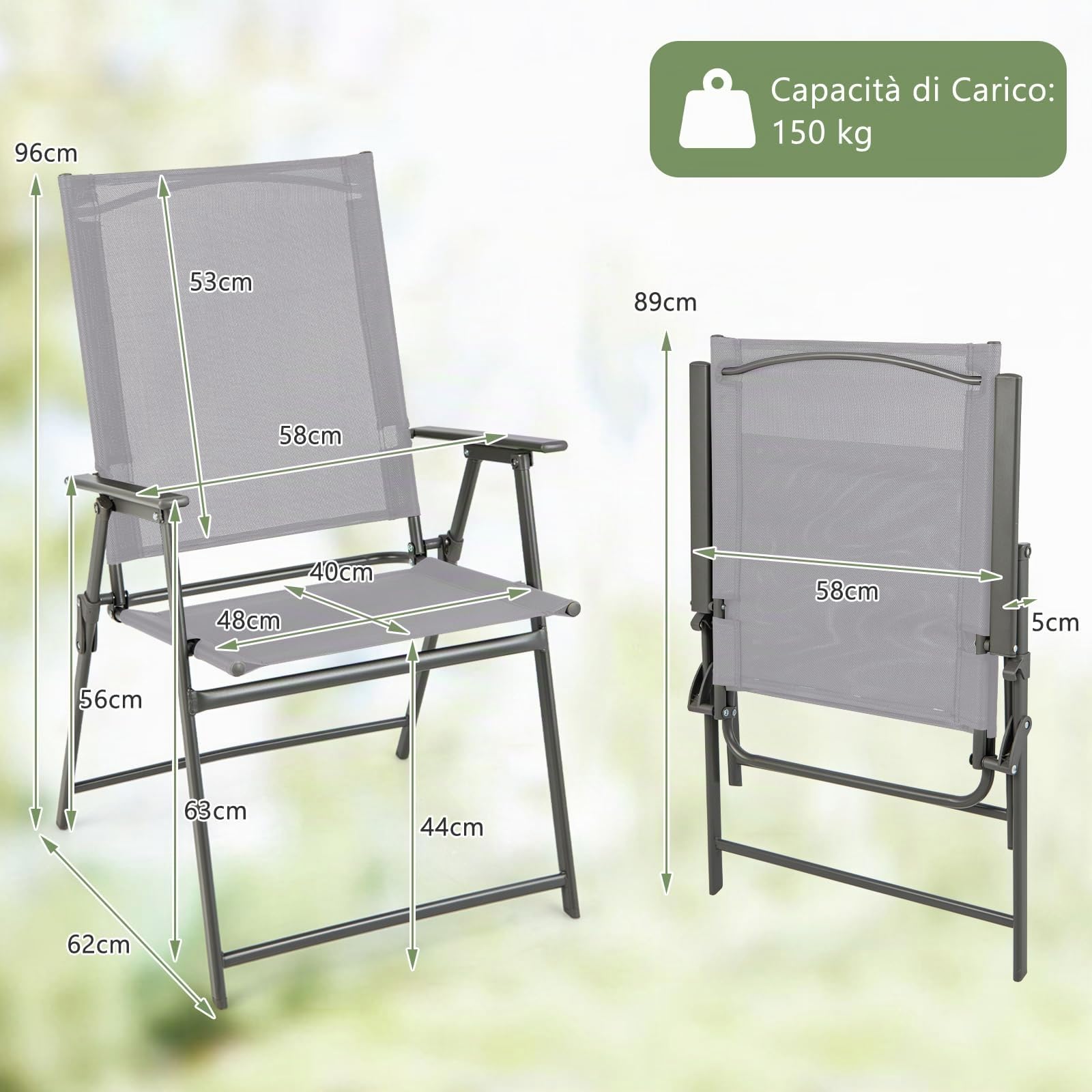 GYMAX Set di 2/4 Sedie da Giardino in Tessuto con Struttura Metallica, Sedie Pieghevoli con Schienale Alto e Braccioli, Sedia da Campeggio, Adatta per Giardino, Terrazza e Balcone (4, Grigio)