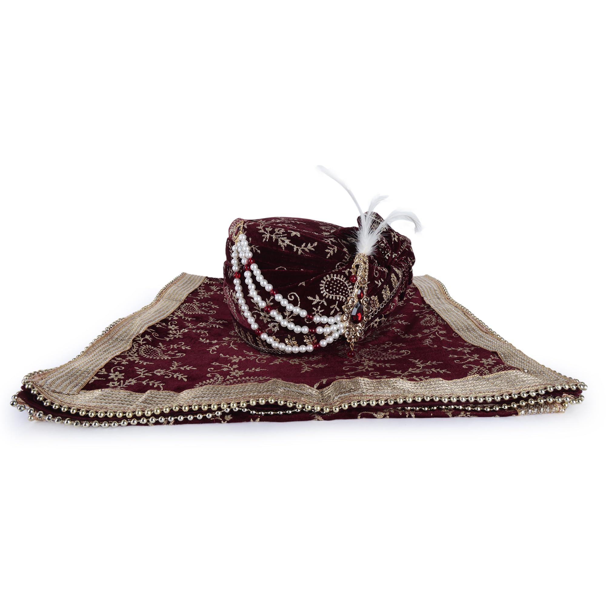 fashion weds Men Cotton Blend Printed Groom's Safa Shawl Stole Set, Wedding Safa/Turban with Stole, Groom Pagdi Dupatta (Maroon)-picture-13