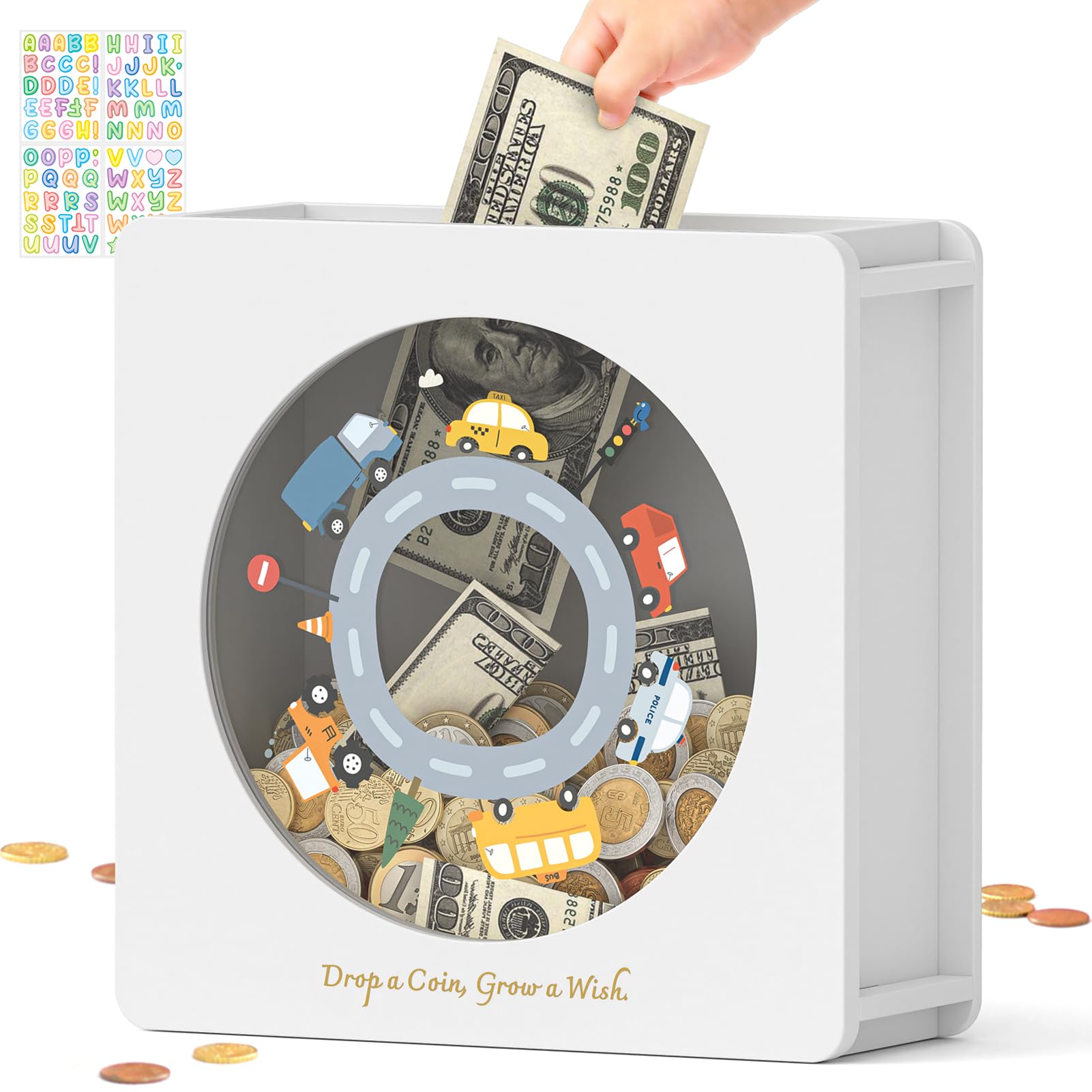 Summidate Kids Piggy Bank, Wooden Framed Money Bank with Removable Window
