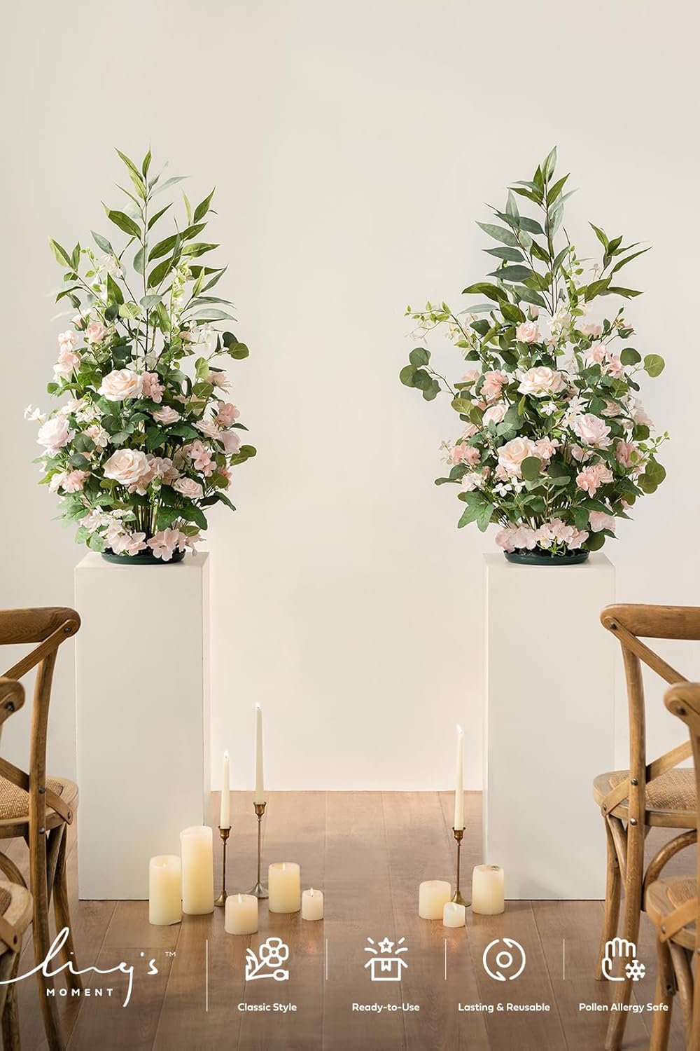 Ling's moment 41" Tall Ground Flowers for Wedding Decor, 2pcs Free Standing Artificial Flowers Arrangements, Aisle Chair Backdrop Decoration for Garden Arch Entryway Ceremony Reception, Blush & Cream
