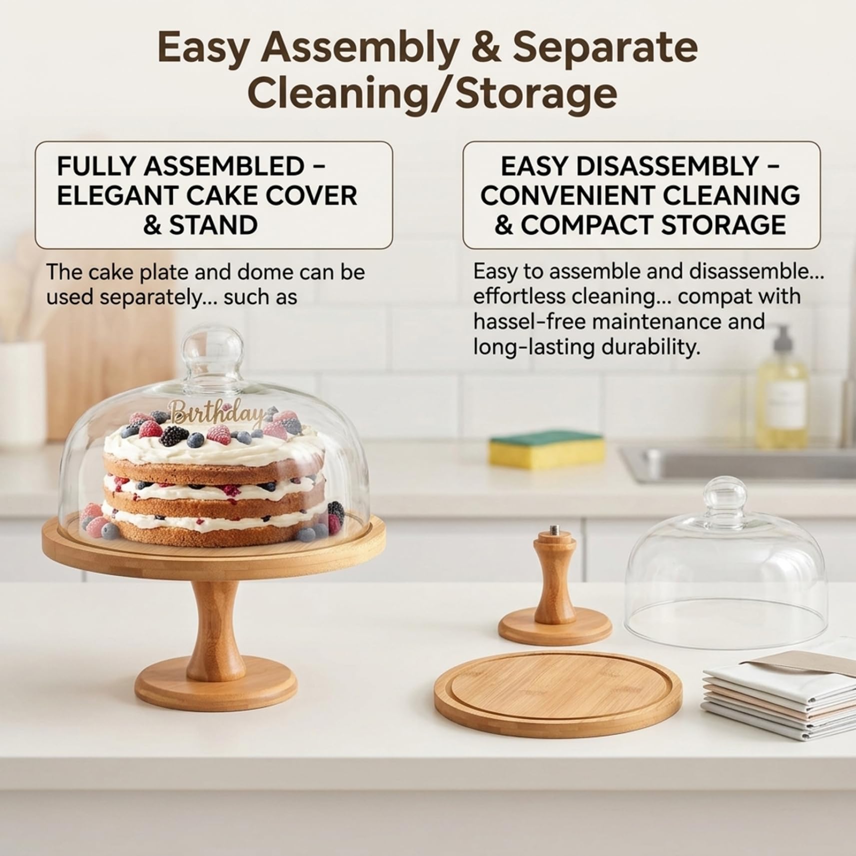 Soporte para Tartas con Tapa abovedada, Soporte de Madera de 30 cm con Cubierta de Cristal para Bodas y Fiestas, Resistente de Varios Pisos con Patas Altas para postres y Magdalenas