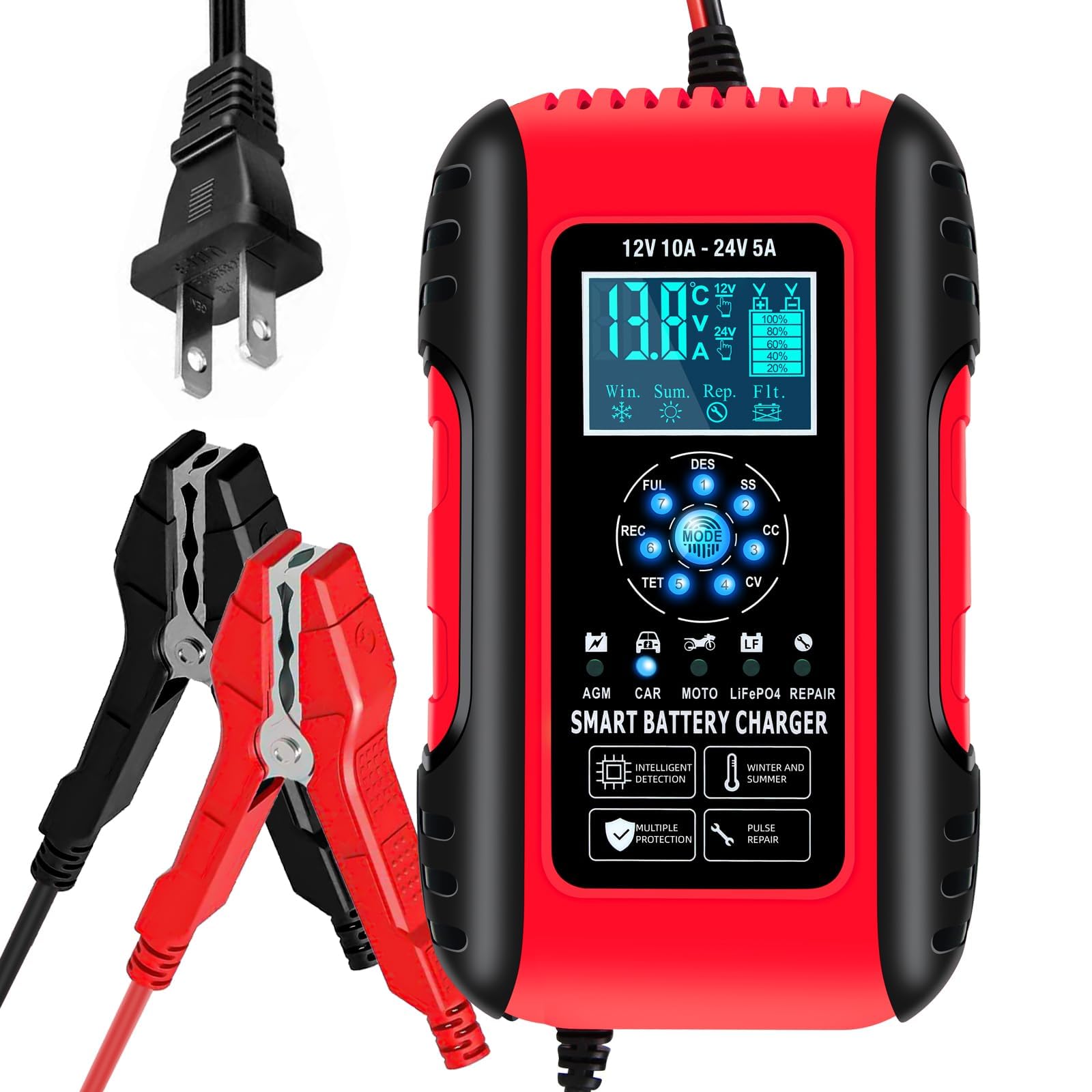 Battery Charger 10-Amp 12/24V LiFePO4 Lead Acid Fully Automatic Battery Maintainer, Car Battery Trickle Charger Automotive w/Repair, Winter Mode, for AGM, STD, Gel, Deep Cycle Batteries