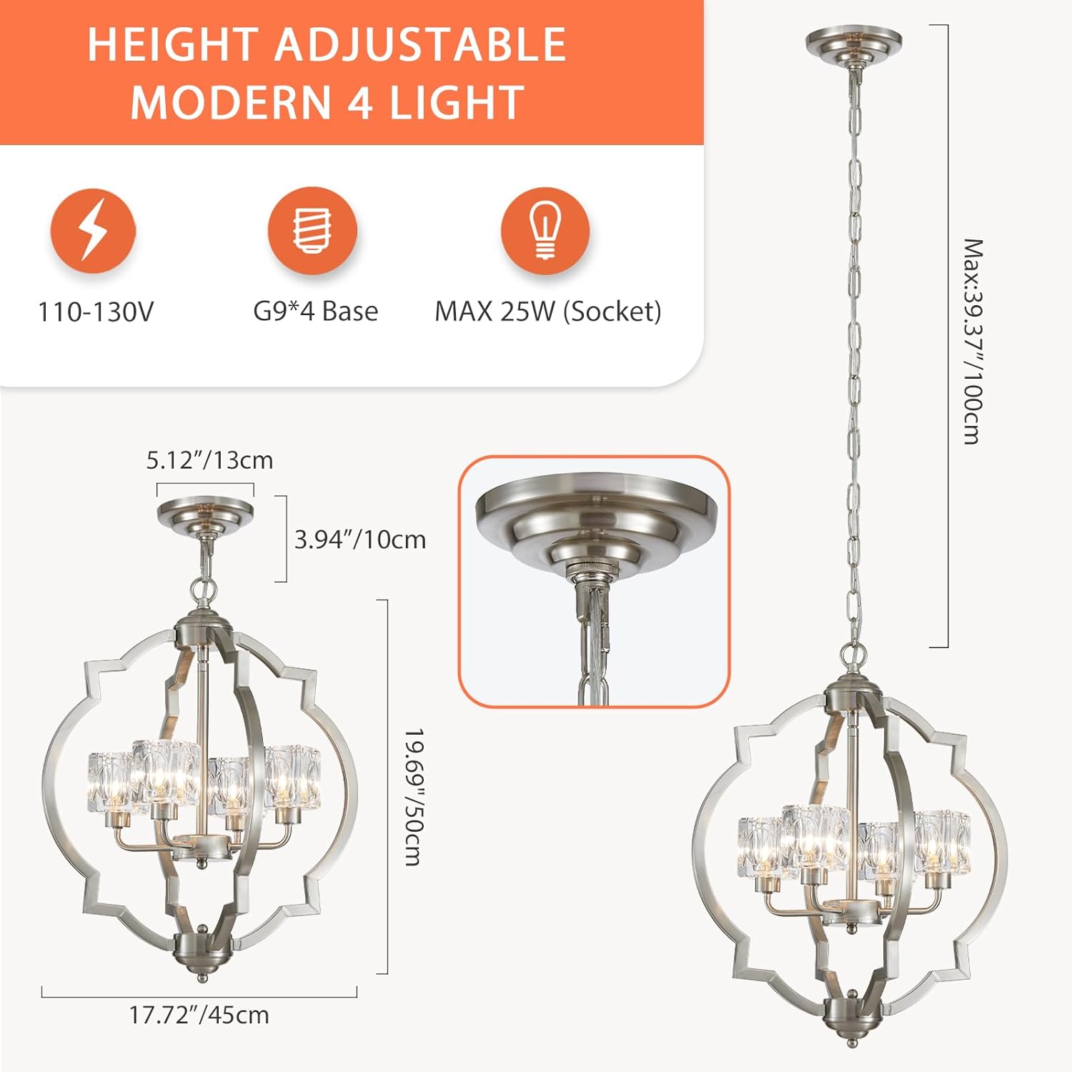 17.7" Brushed Nickel Chandelier Modern Hanging 4-Light Farmhouse Pendant Lighting Fixtures Geometric Chandeliers for Dining Room Living Room Bedroom Kitchen Island Home Office