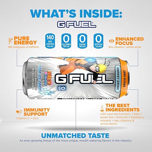 Miniatura 2 de G Fuel Soda Ice Candy - Bebida energética saborizada - Inspirada en Naruto Shippuden, lata de 16 onzas, paquete de 12 unidades