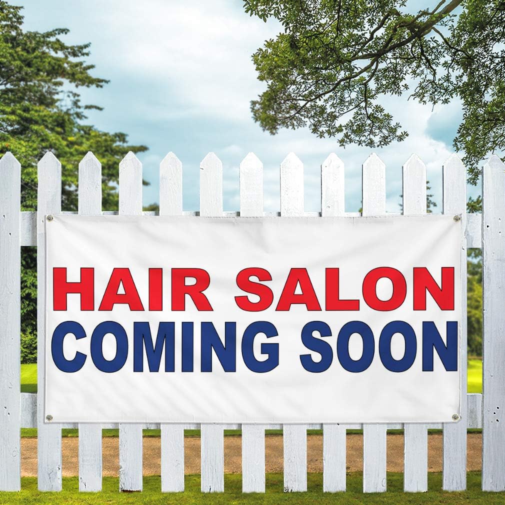 Vinyl Banner Multiple Sizes Hair Salon Coming Soon Red Blue Business Outdoor Weatherproof Industrial Yard Signs 4 Grommets 16x40Inches