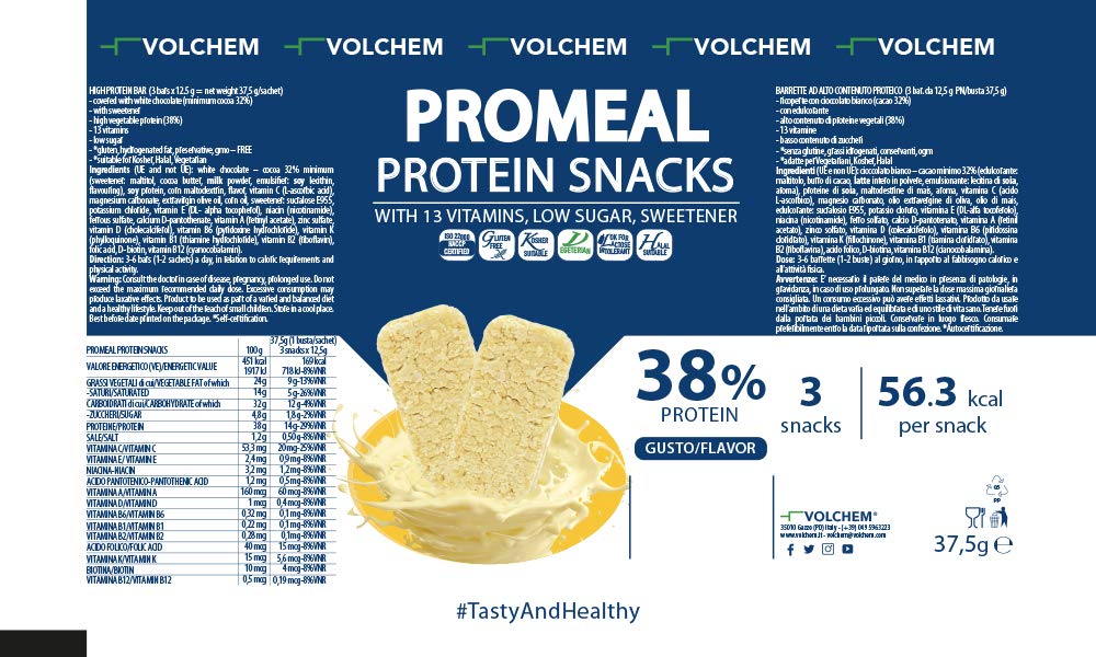 Volchem Promeal Protein Snacks 38, Snack Proteico al 38% di Proteine, con Vitamine, Senza Grassi Idrogenati, Conservanti e con Pochi Zuccheri (Cookie)