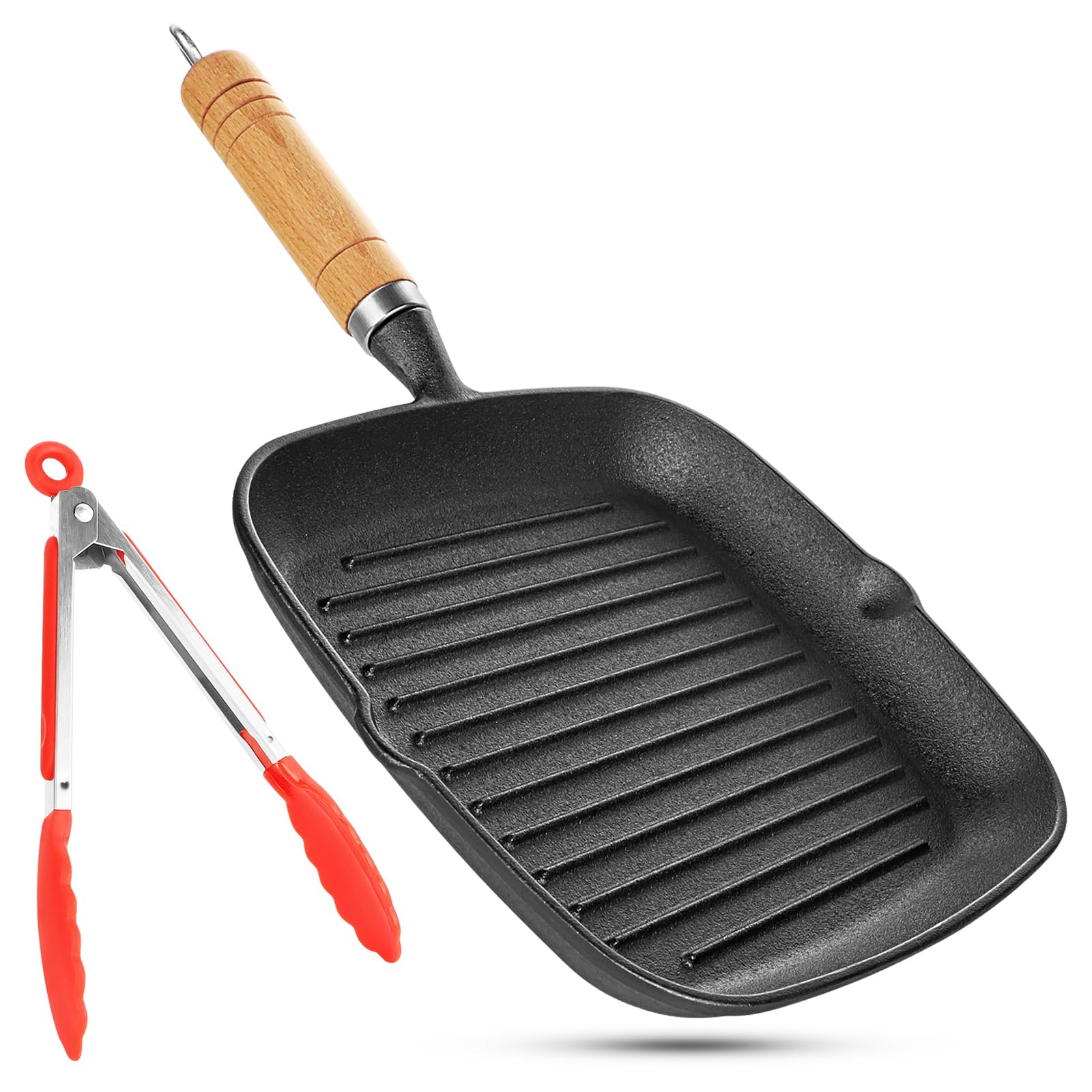 Hioph Cast Iron Square Griddle Pan, Grill Pan for All Hobs, 22cm Steak Pan with Tipping Spout, Suitable for Induction, Gas, and Camping Stoves, Detachable Handle, Red Silicone Steak Tongs,Oven Usable