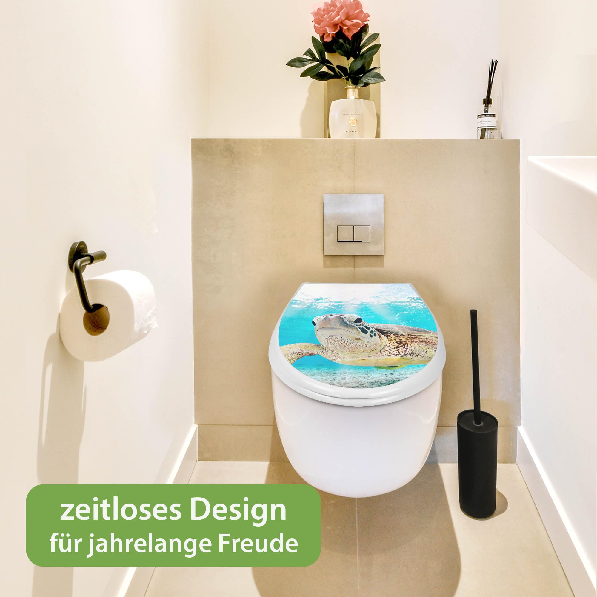 banjado Familien WC Sitz mit Absenkautomatik 44,9x37,1cm - Klobrille mit Kindersitz aus hochwertigem Polypropylen - Toilettendeckel mit Kinder Toilettensitz integriert - Motiv Schildkröte
