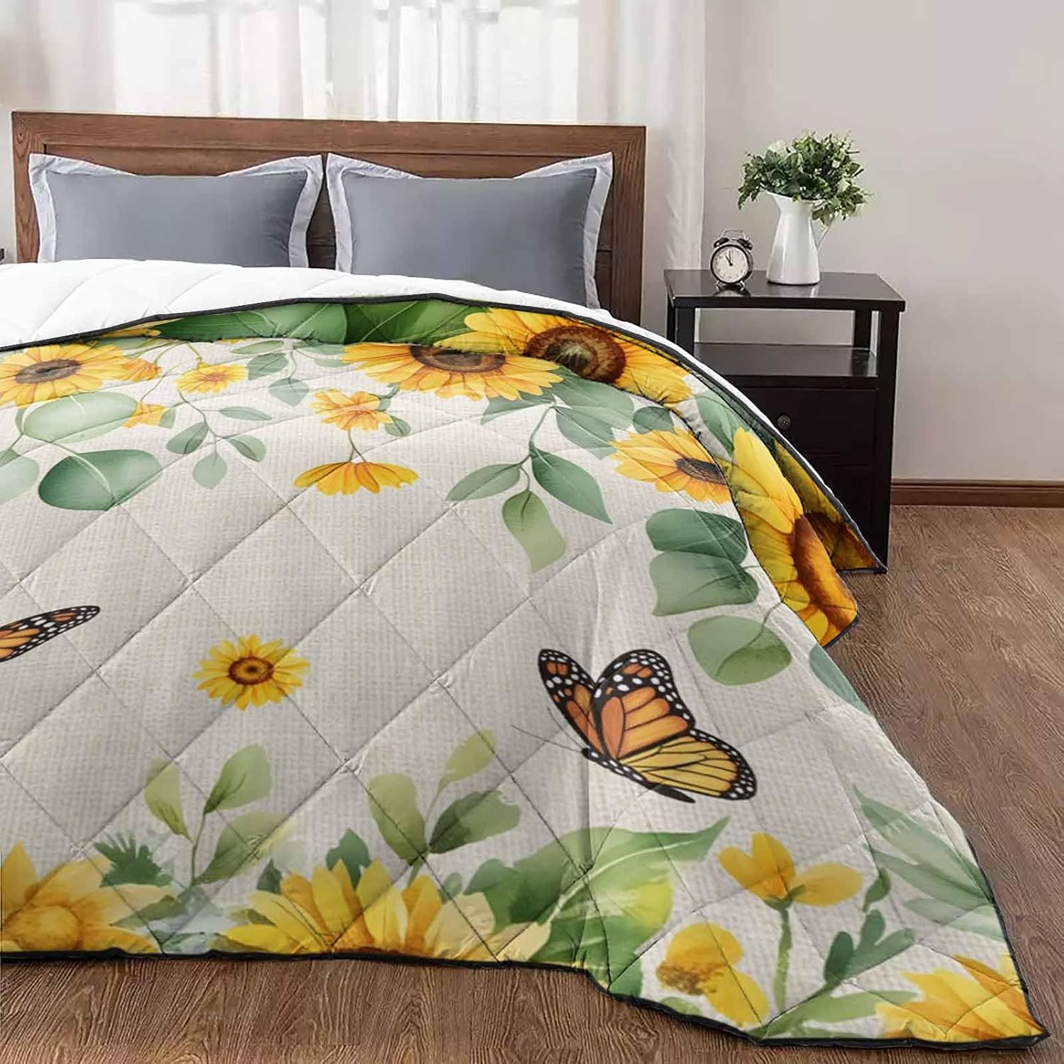 Quilt California King Luxury Quilted Comforter Bedspread-Thin Soft Cozy, Sunflowers Eucalyptus Butterfly Floral Watercolor Retro Line Reversible Stitched Lightweight Quilt Coverlet for All Season
