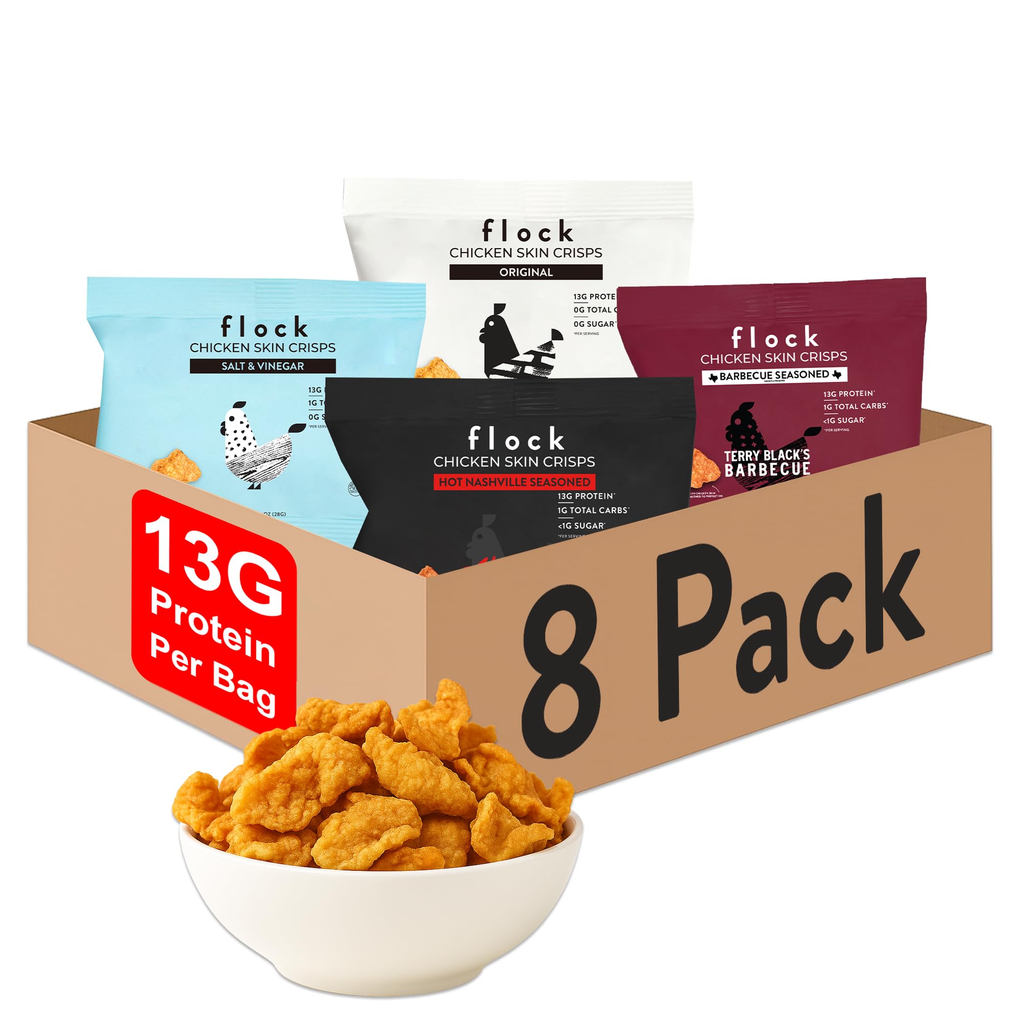 Flock Keto Chicken Skin Chips | Variety (1oz) 8-Pack of Original, Salt and Vinegar & Hattie B's Nashville Hot Flavor | Keto Friendly, Low Carb, High Protein, Sugar Free, Gluten Free Single Serve Snack
