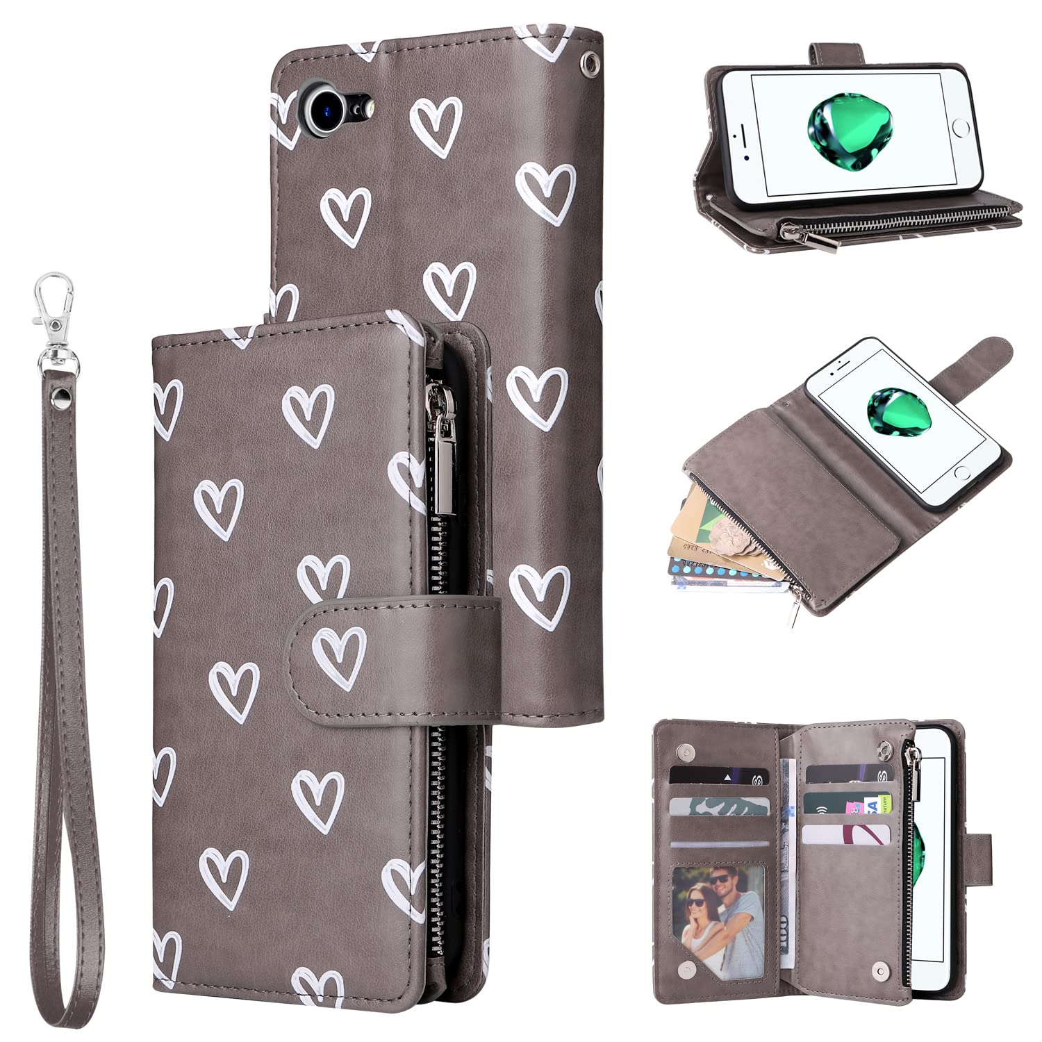 QLTYPRI Case for iPhone 7 iPhone 8 iPhone SE 2020, Large Capacity Leather Wallet Case 6 Card Holder & 1 Zipper Pocket Kickstand Wrist Strap Magnetic Heart Pattern Case for iP 7 8 SE 2020 - Grey