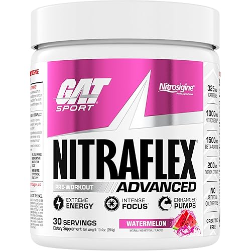 GAT SPORT Nitraflex Advanced Pre-Workout Powder, Increases Blood Flow, Boosts Strength and Energy, Improves Exercise Performance, Creatine-Free (Watermelon, 30 Servings)