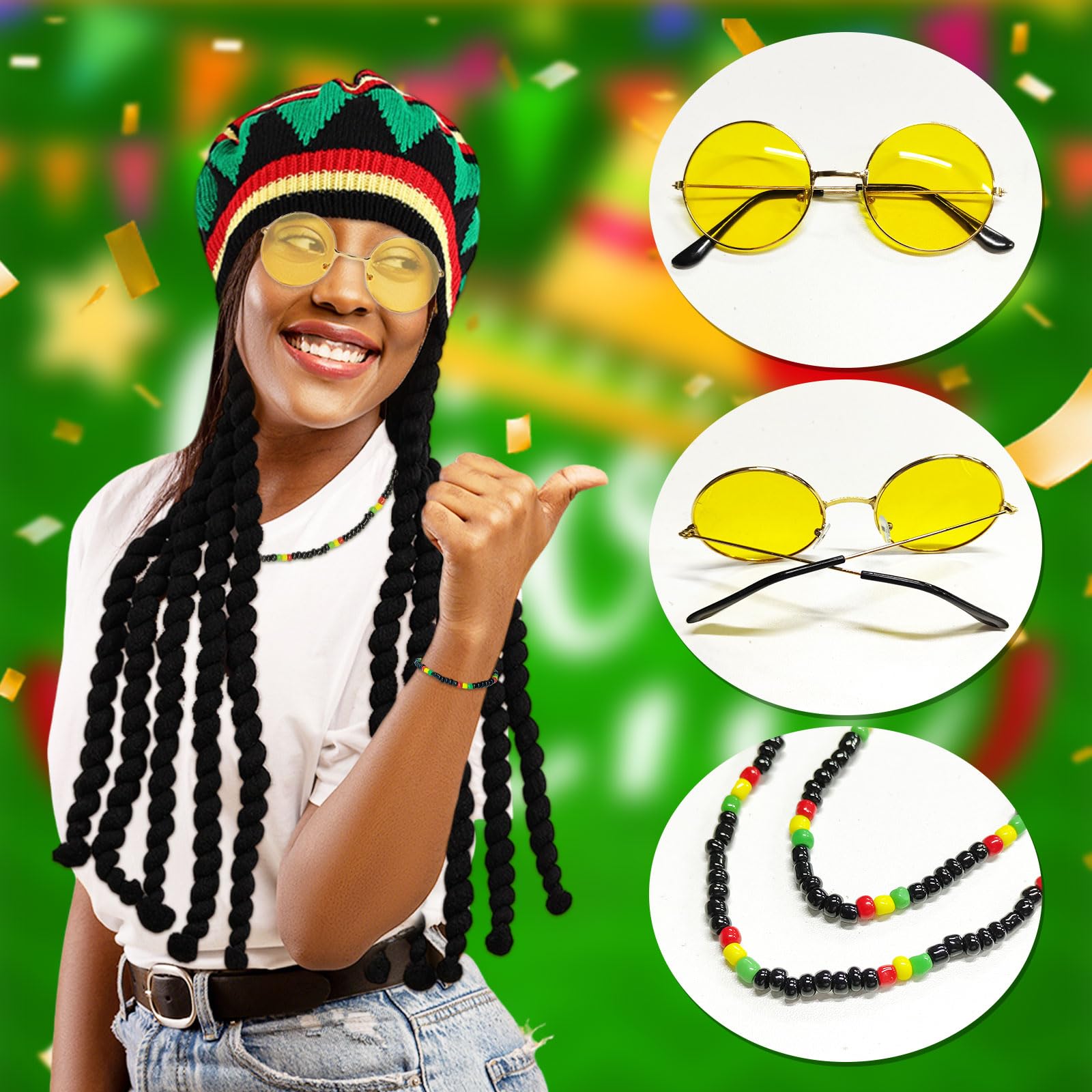 Set di 4 accessori per costume rasta, rasta caraibica, parrucca intrecciata giamaicana, occhiali giamaicani, braccialetto, collana, per Halloween, cosplay e feste in maschera