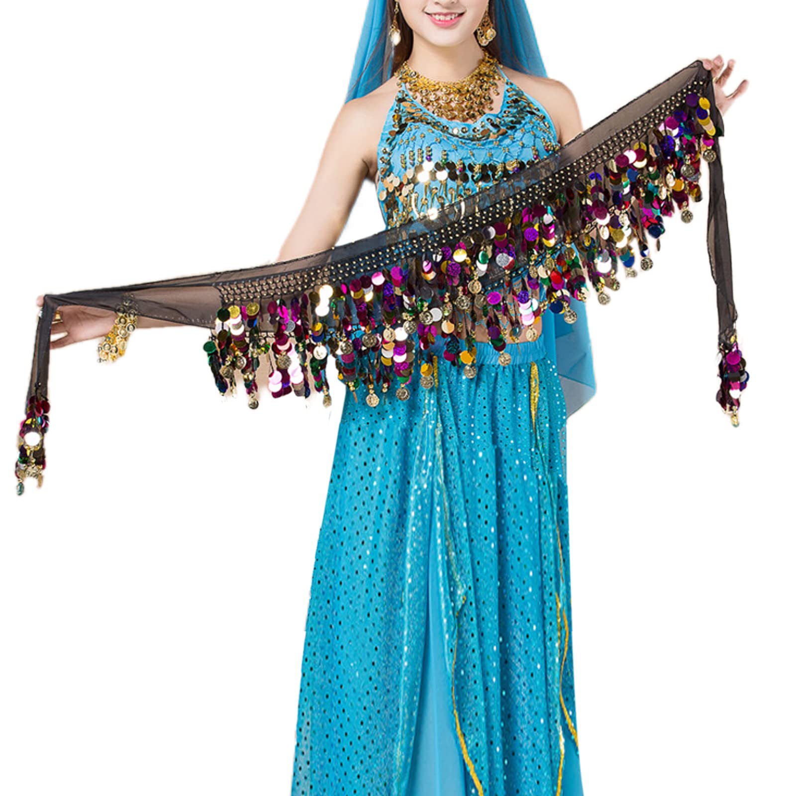 Cinturón De Danza Del Vientre Con Lentejuelas - Tela De Gasa Negra, 150 Cm, Ideal Para Fiestas Y Actuaciones